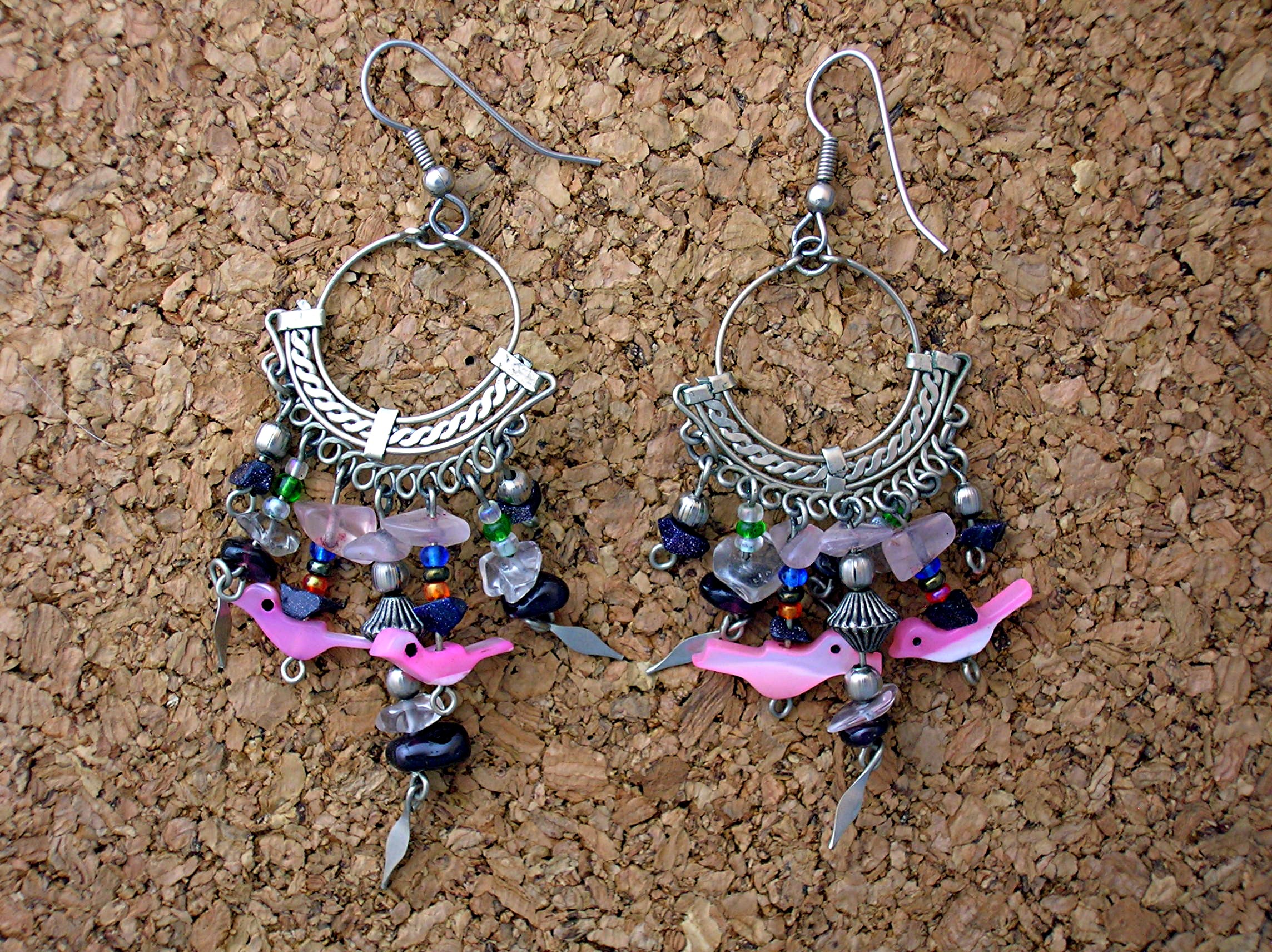 Silvertone Rose Quartz Bird Earrings