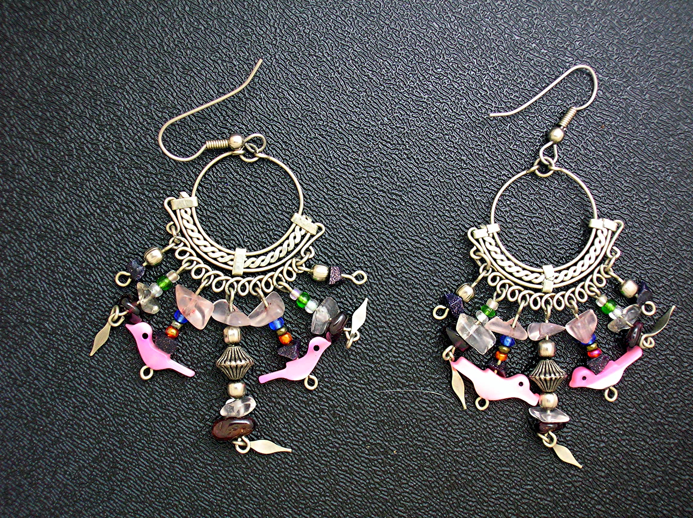 Silvertone Rose Quartz Bird Earrings