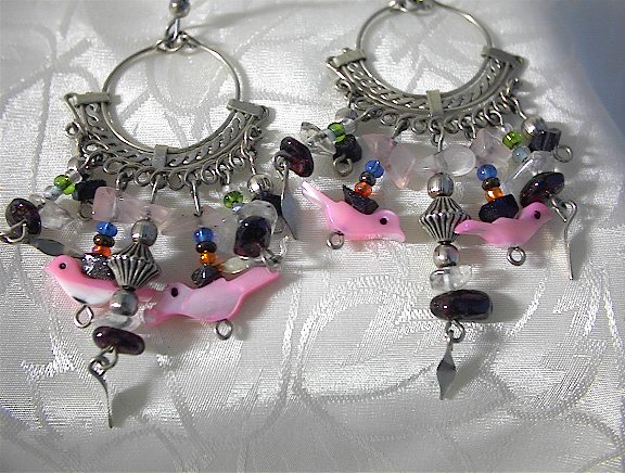 Silvertone Rose Quartz Bird Earrings