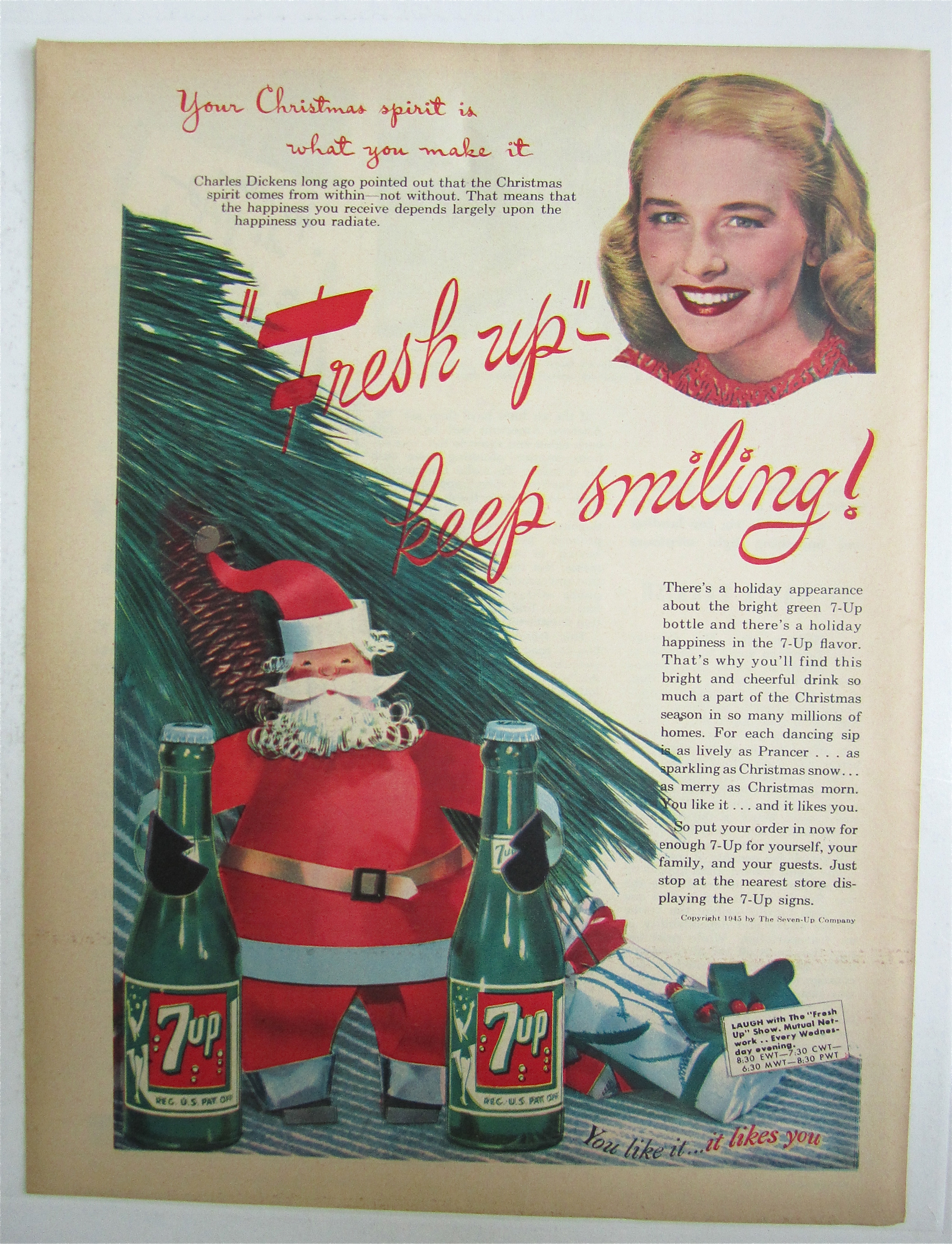 1945 Seven Up (7 Up) with Santa Holding Two Bottles