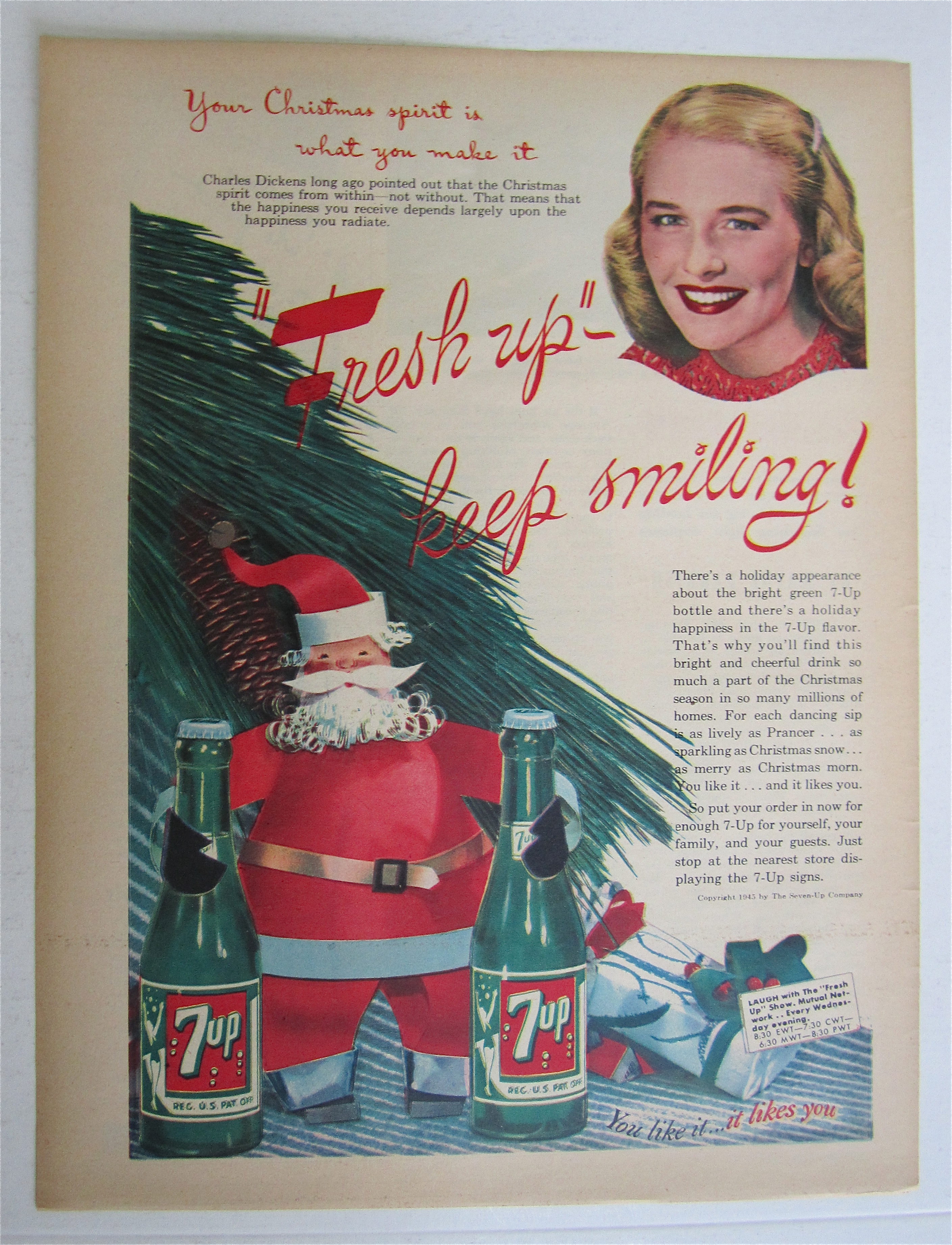 1945 Seven Up (7 Up) with Santa Holding Two Bottles