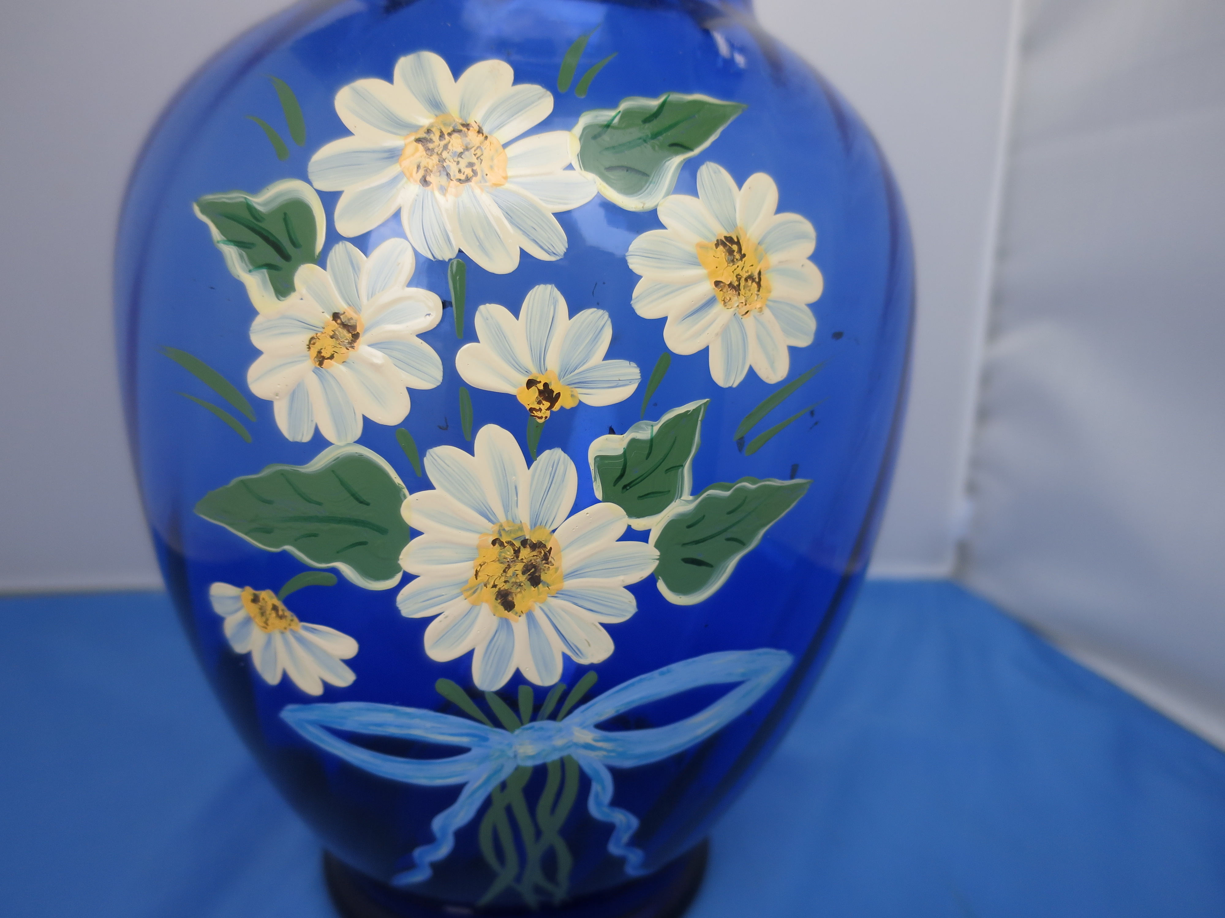 Cobalt Blue Vase Hand Painted Daisy Signed