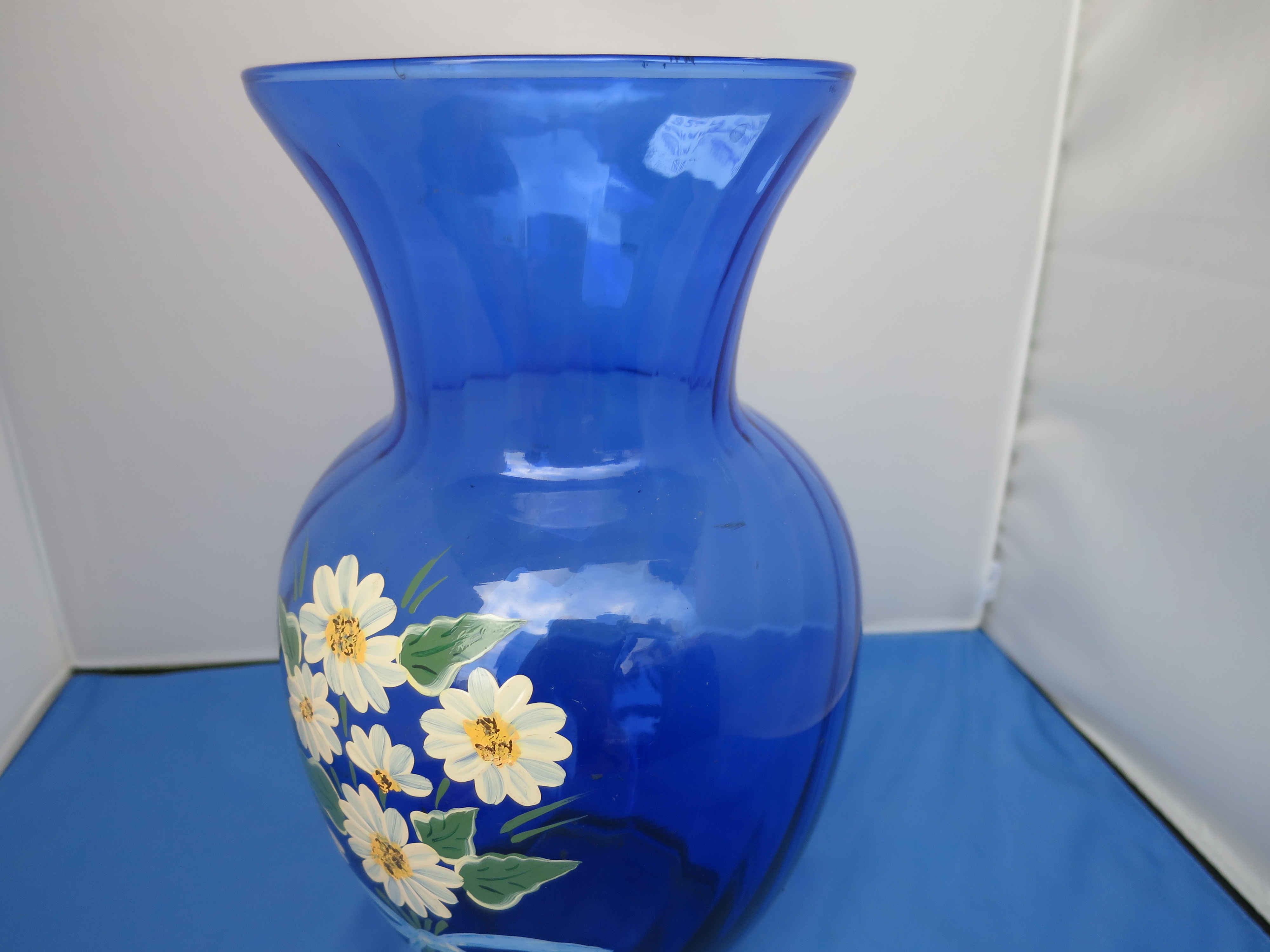 Cobalt Blue Vase Hand Painted Daisy Signed