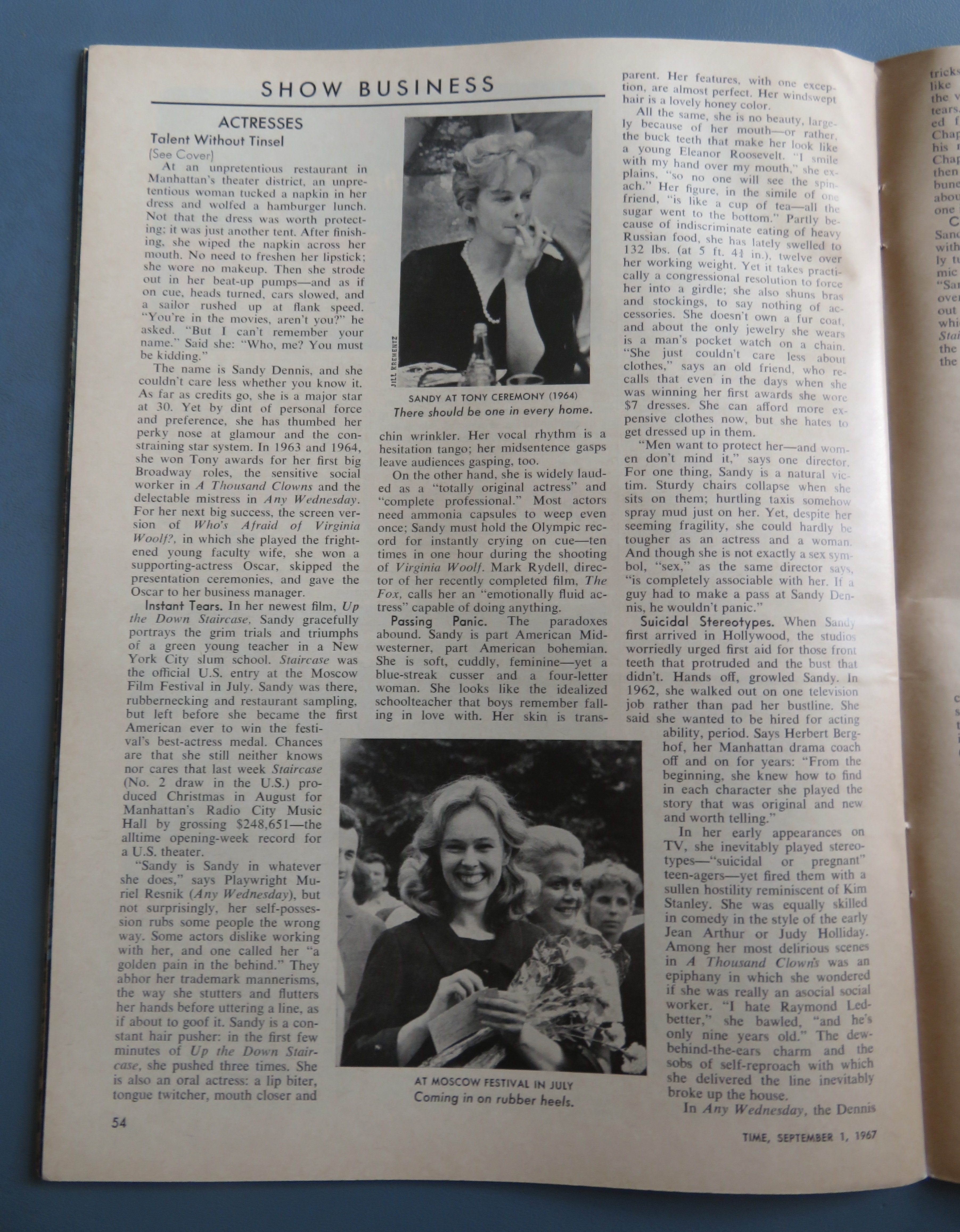 Time Magazine September 1, 1967 Sandy Dennis