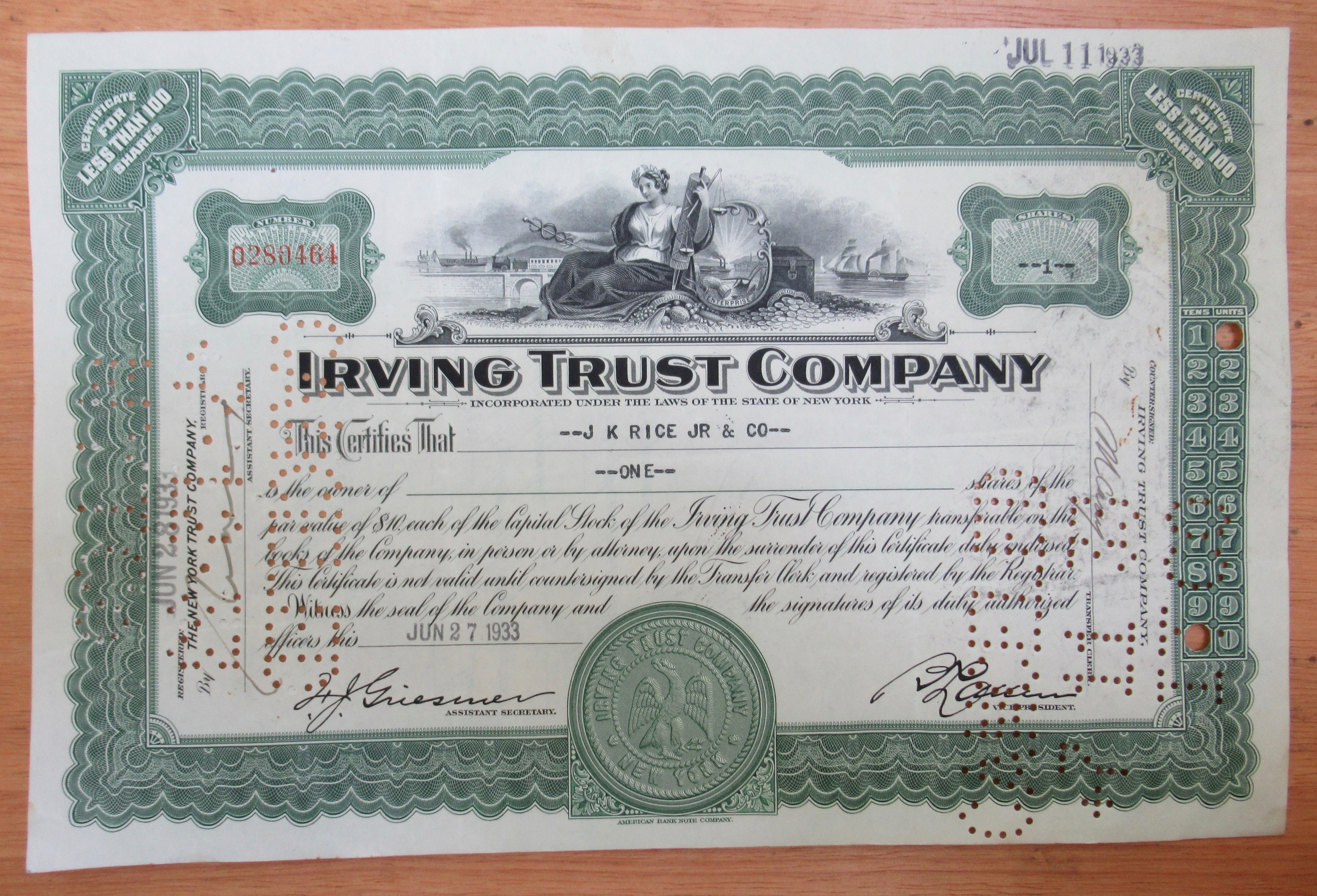 1933 Irving Trust Co Pre Bank Stock Certificate