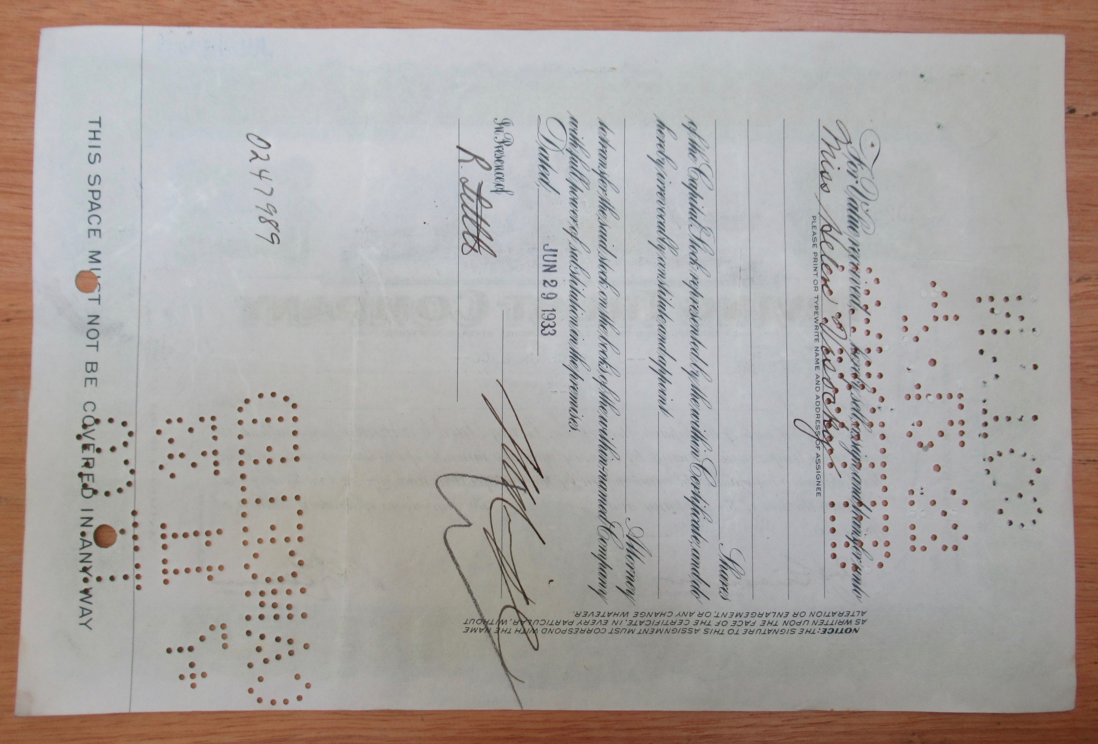 1933 Irving Trust Co Pre Bank Stock Certificate