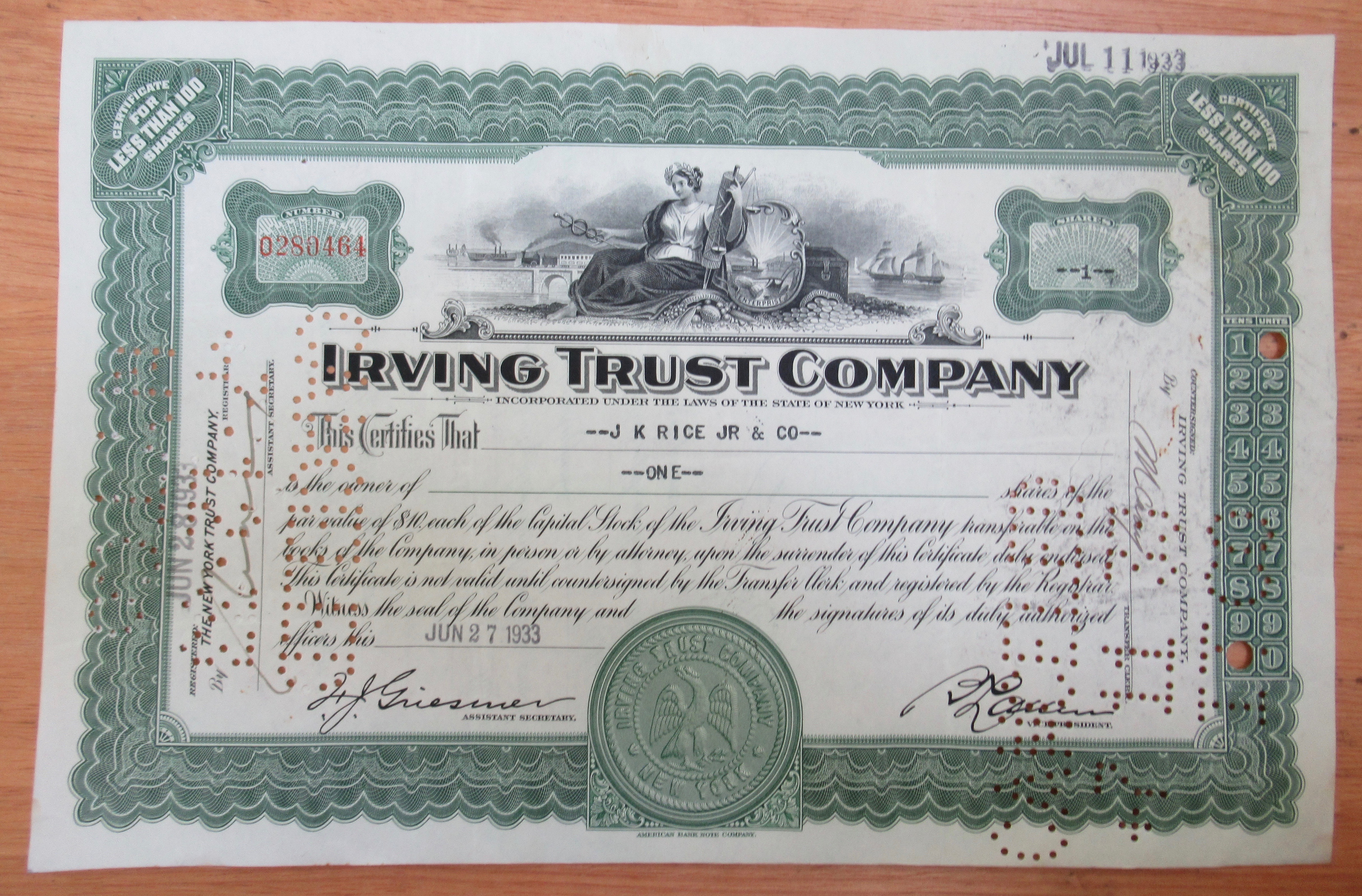 1933 Irving Trust Co Pre Bank Stock Certificate