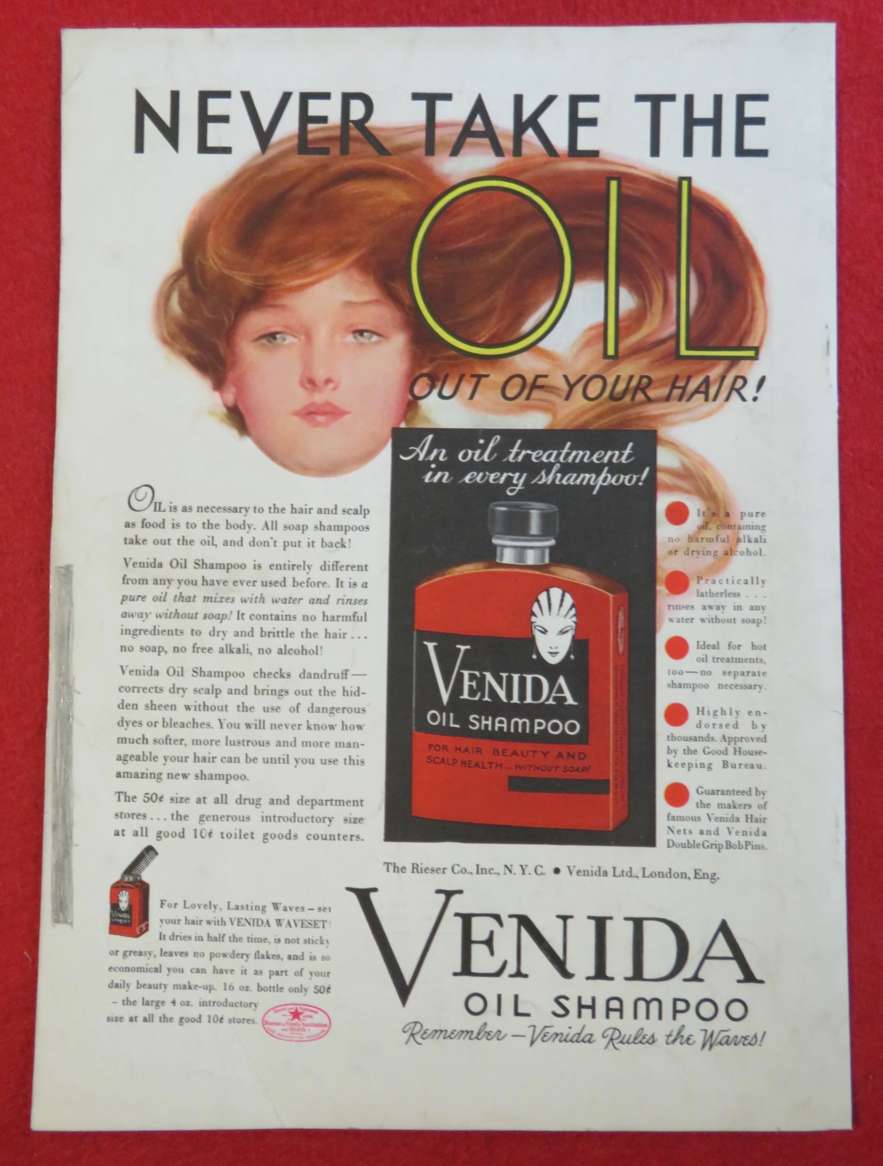 1933 Venida Oil Shampoo with Woman with Long Hair