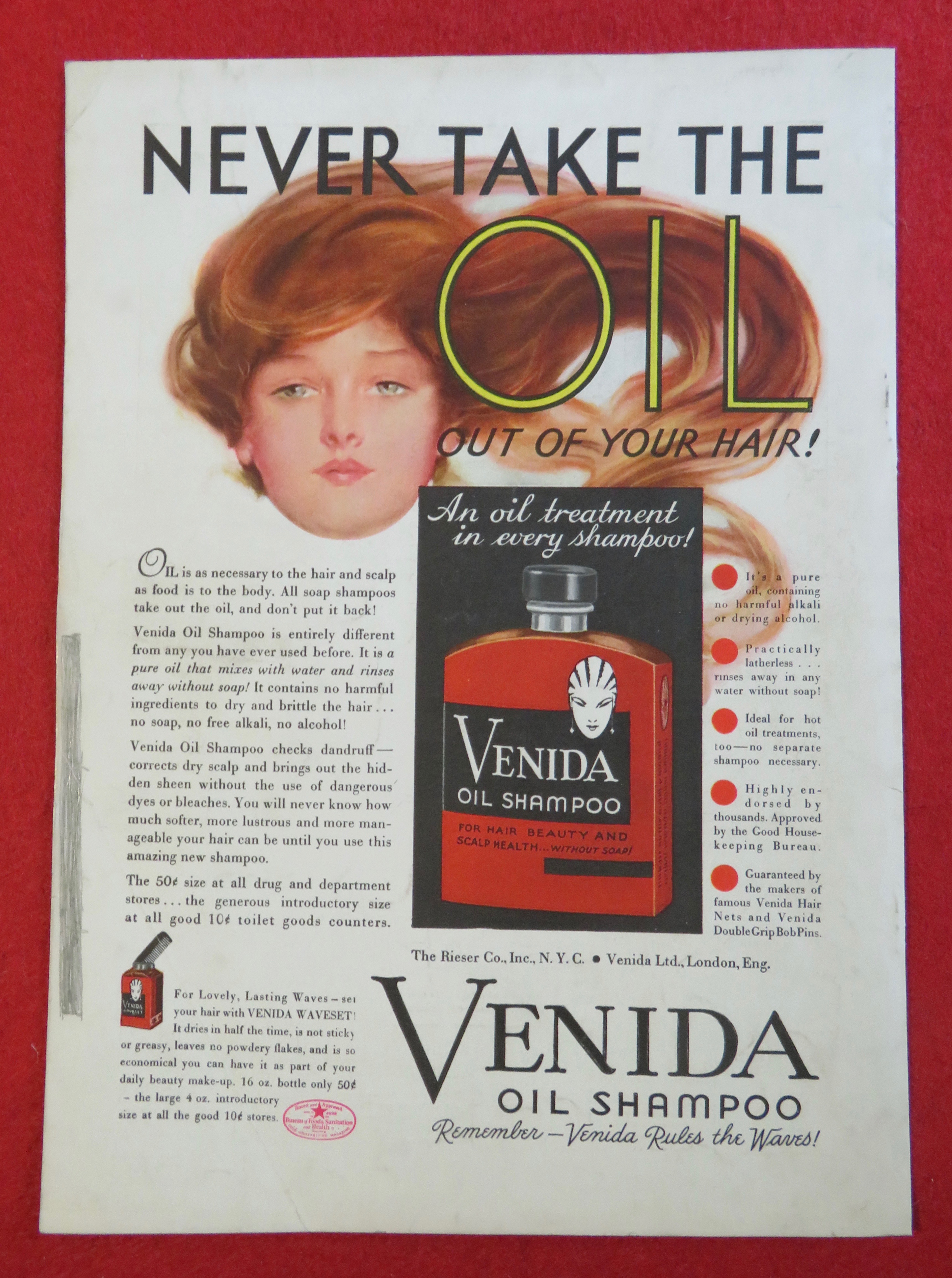 1933 Venida Oil Shampoo with Woman with Long Hair