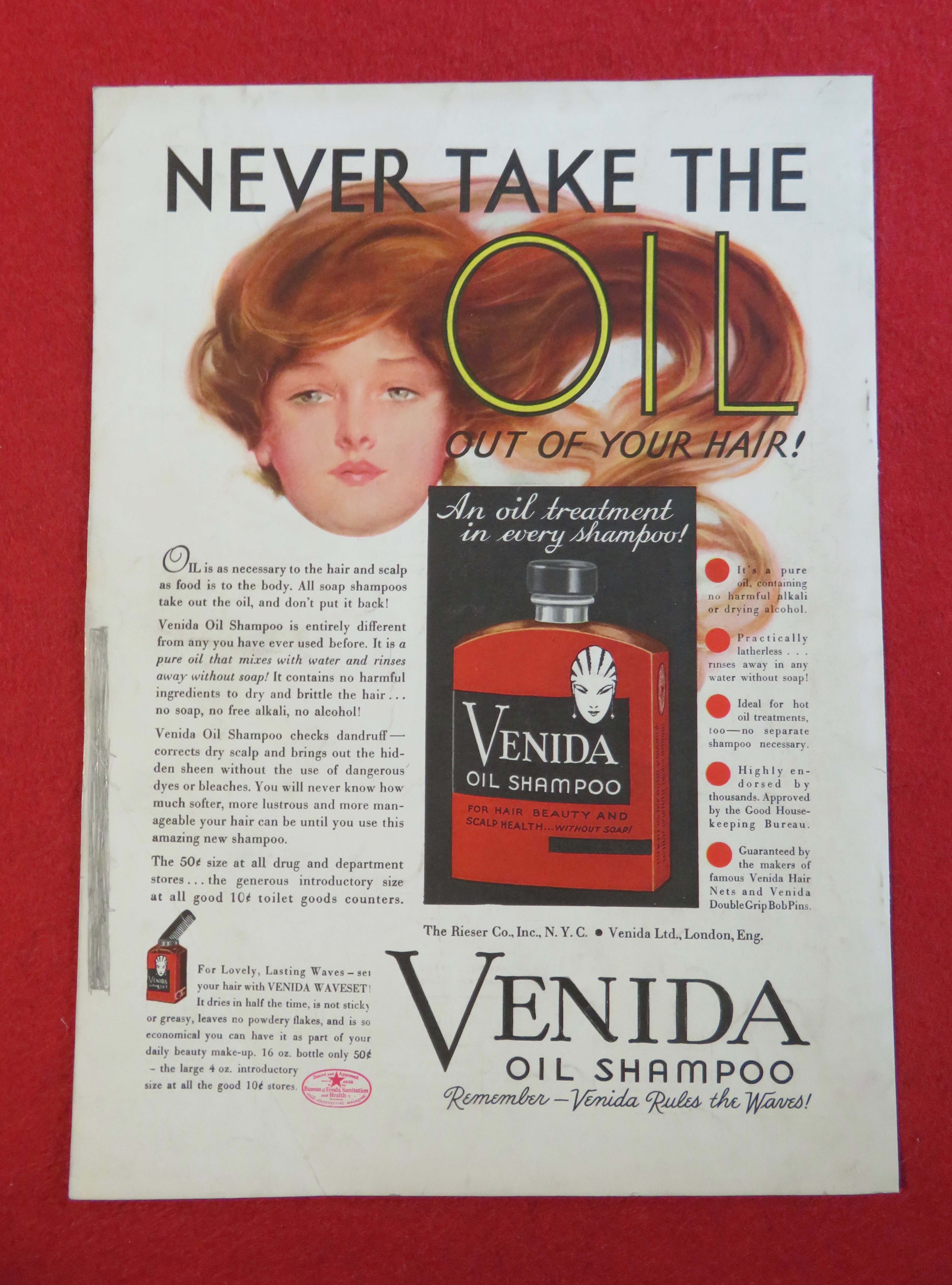 1933 Venida Oil Shampoo with Woman with Long Hair