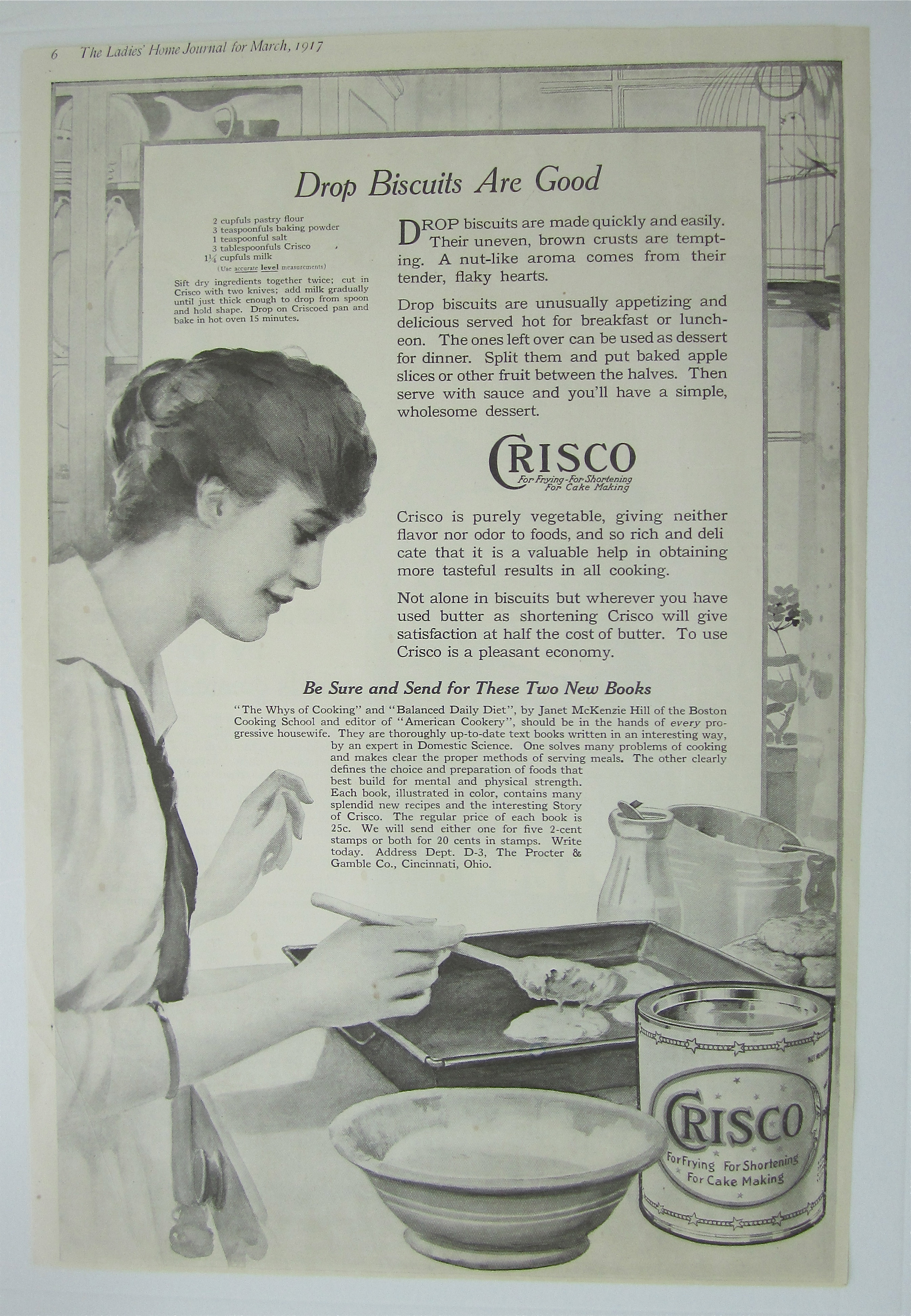 1917 Crisco Shortening with Woman Making Drop Biscuits