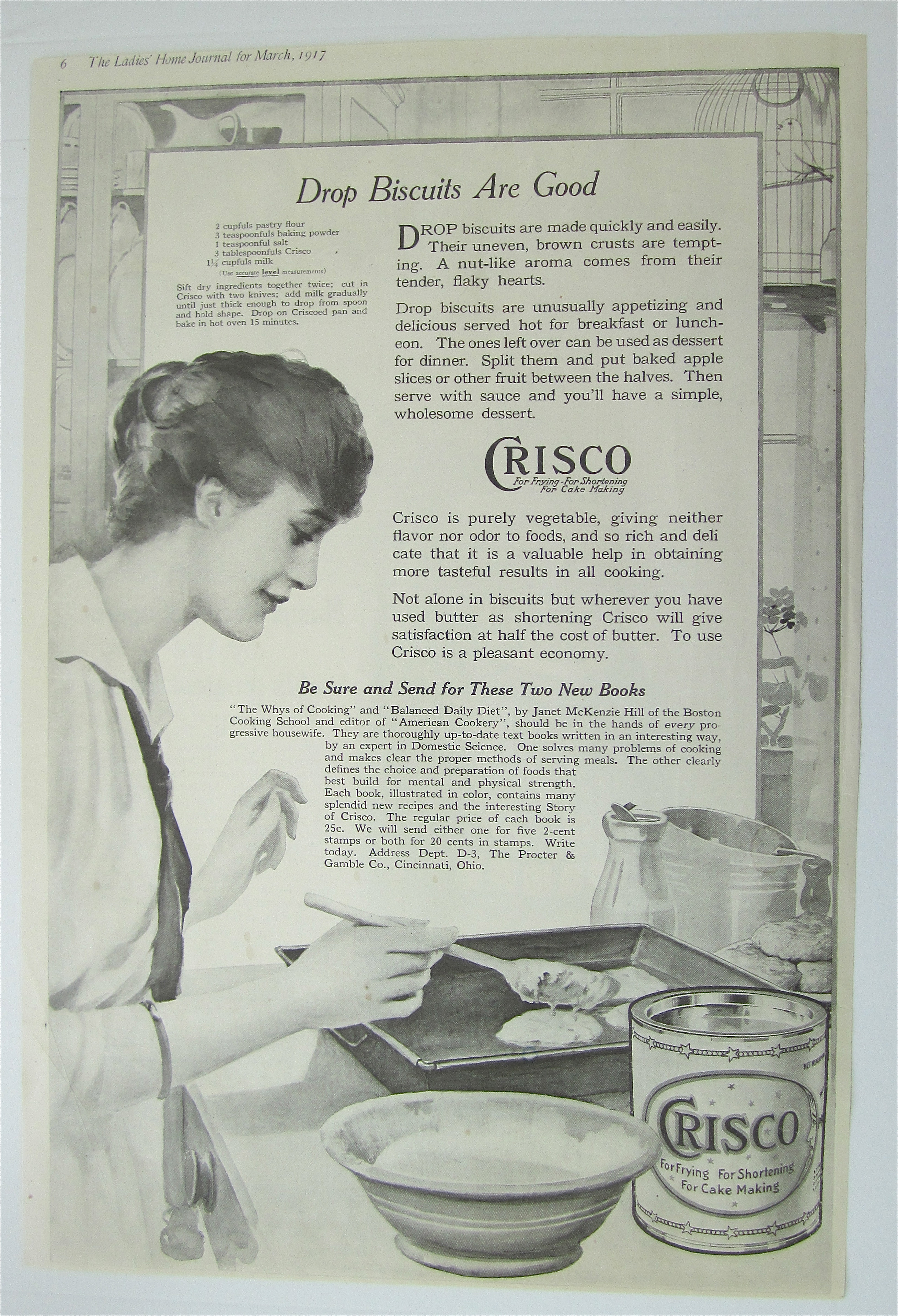 1917 Crisco Shortening with Woman Making Drop Biscuits