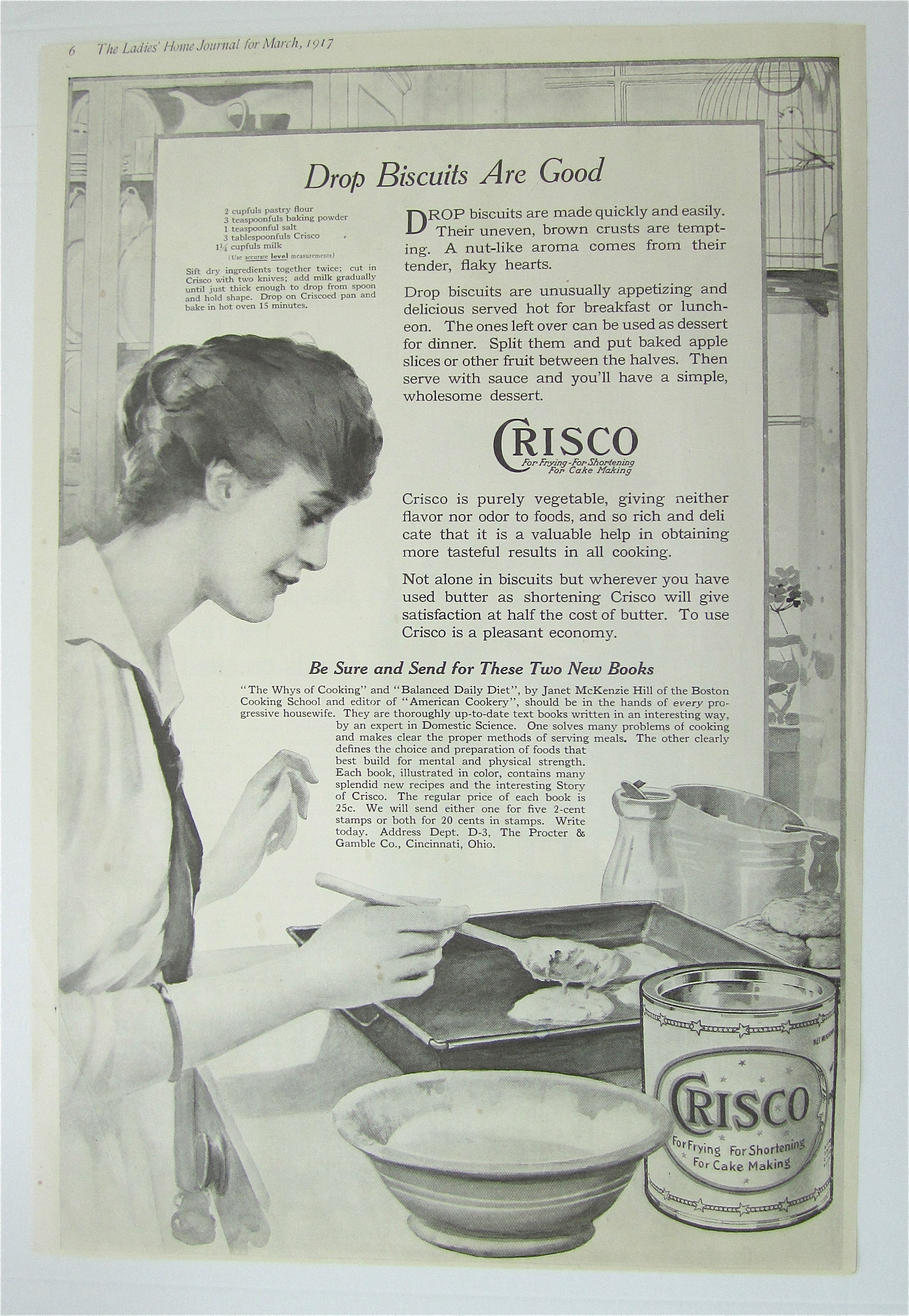1917 Crisco Shortening with Woman Making Drop Biscuits