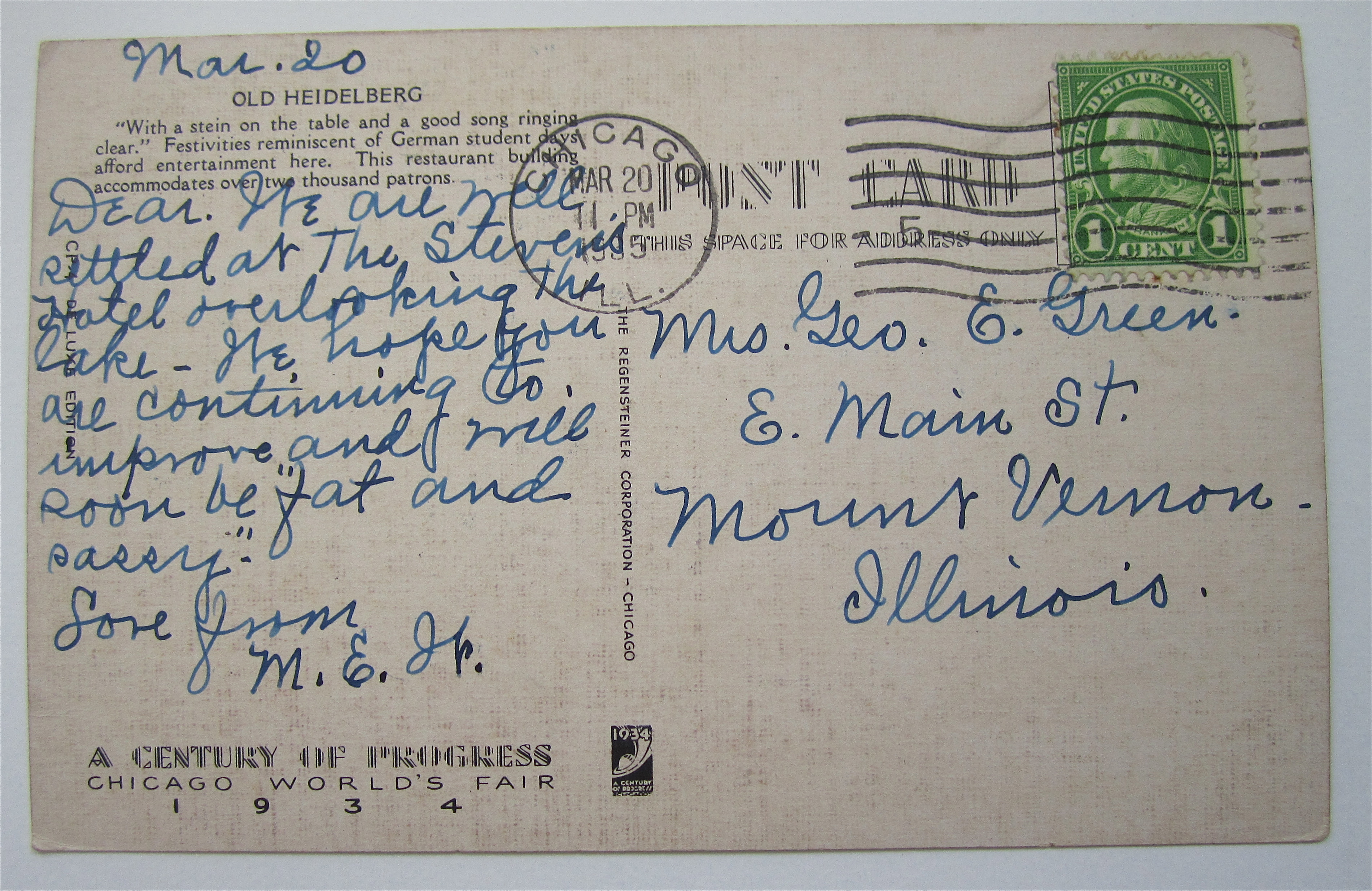 Old Heidelberg, Chicago World's Fair Postcard