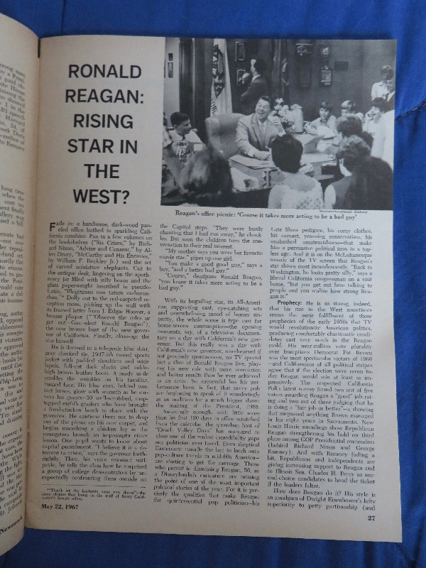 Newsweek Magazine May 22, 1967 Ronald Reagan: Rising Star In The West?