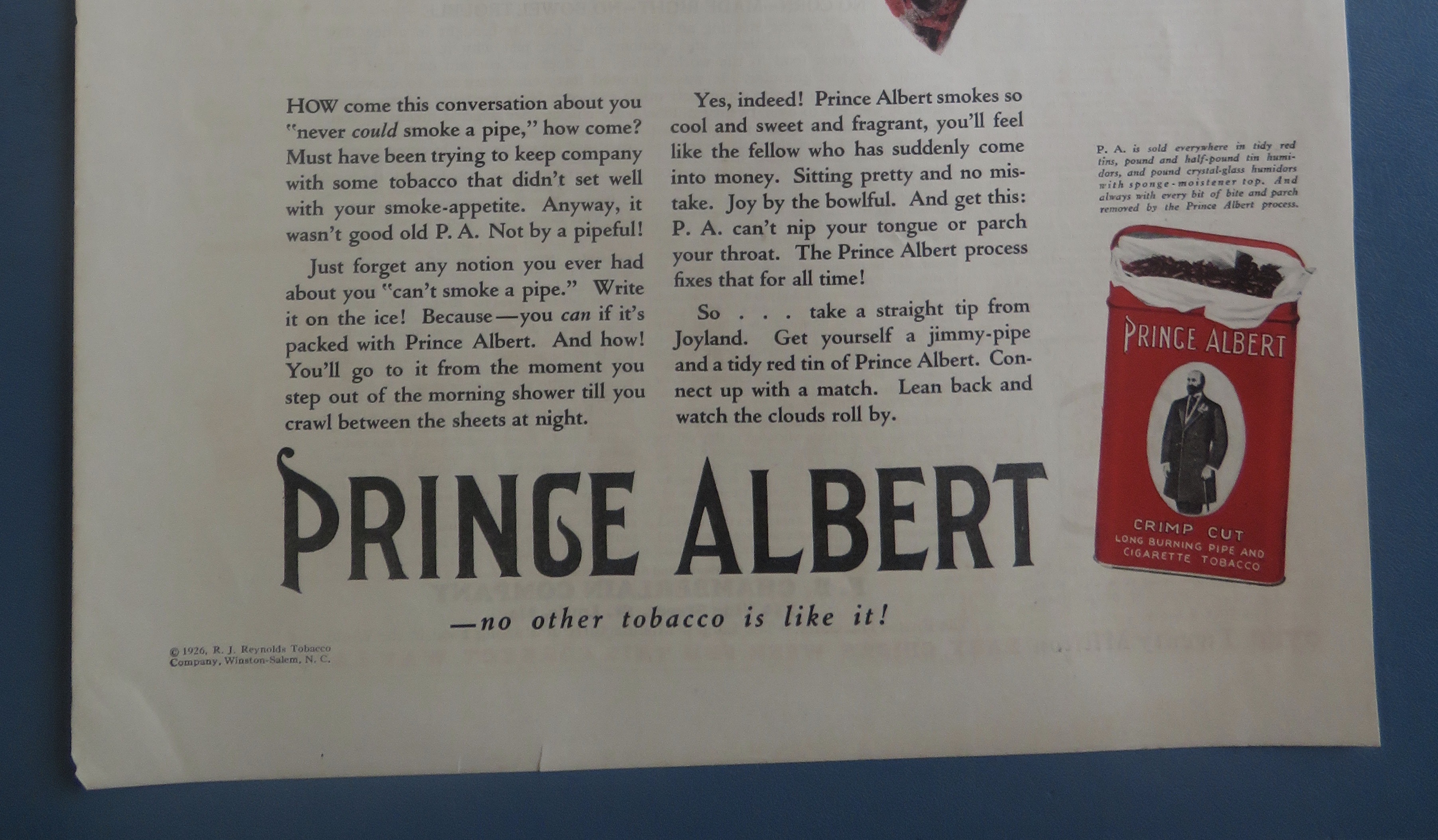 1926 Prince Albert Pipe Tobacco with Man Smoking Pipe