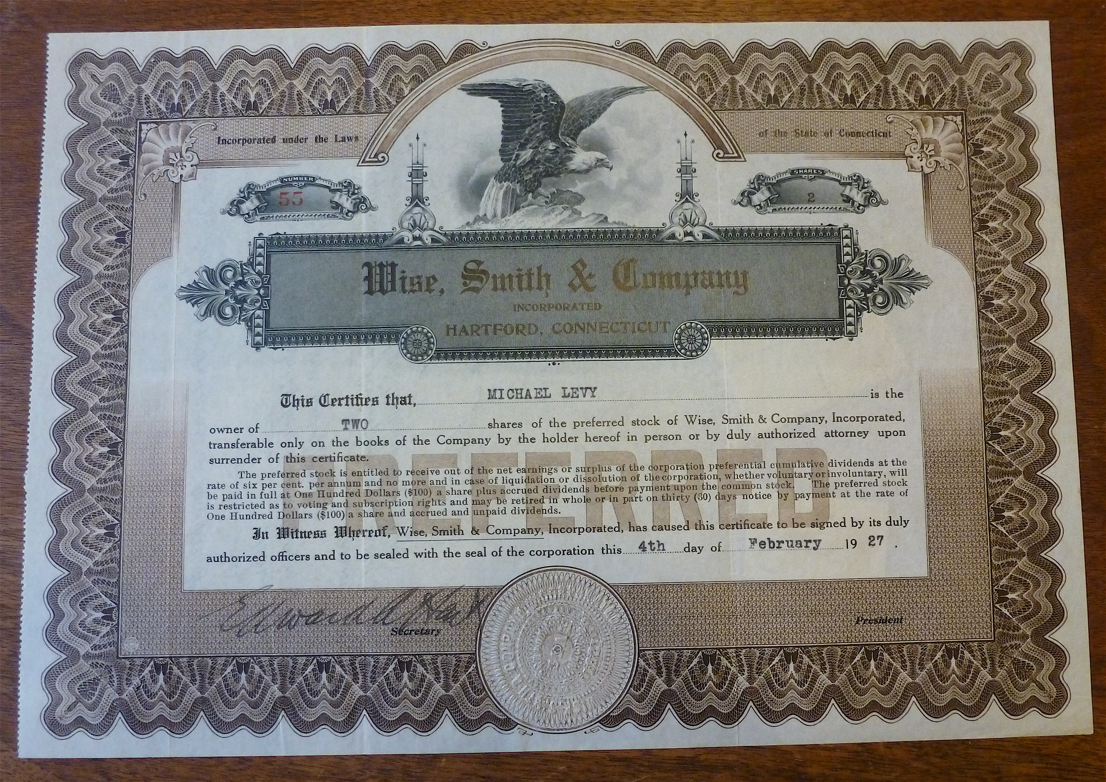 Wise Smith & Company Stock Certificate