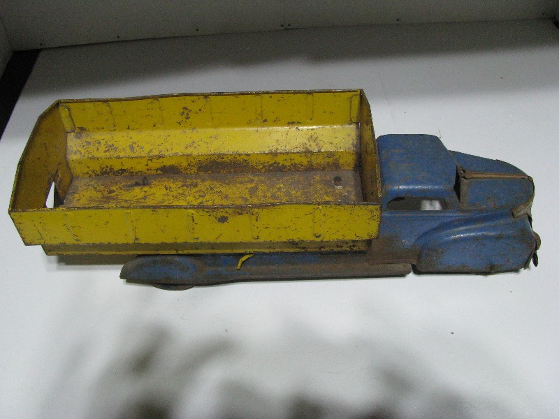 Vintage Pressed Steel Streamlined Dump Truck Toy - Blue & Yellow