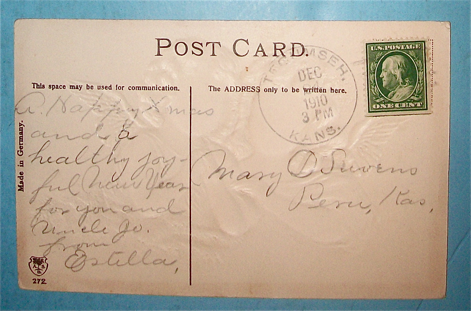 A Merry Christmas Postcard w/Two Angels (Embossed)
