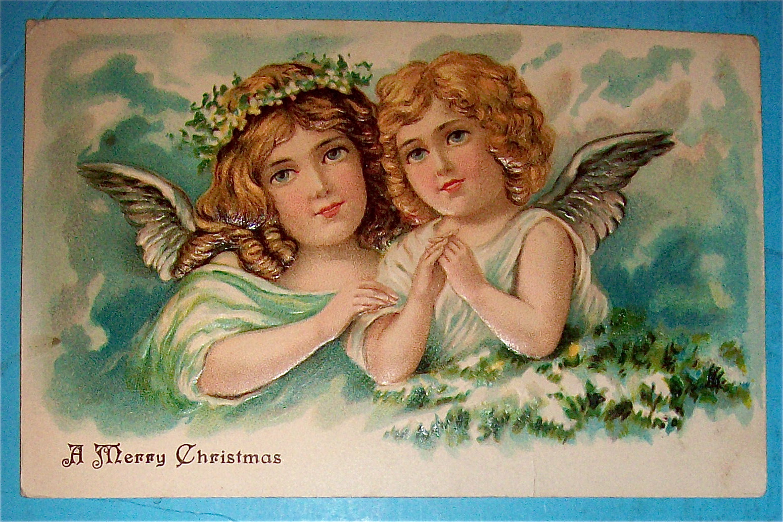 A Merry Christmas Postcard w/Two Angels (Embossed)