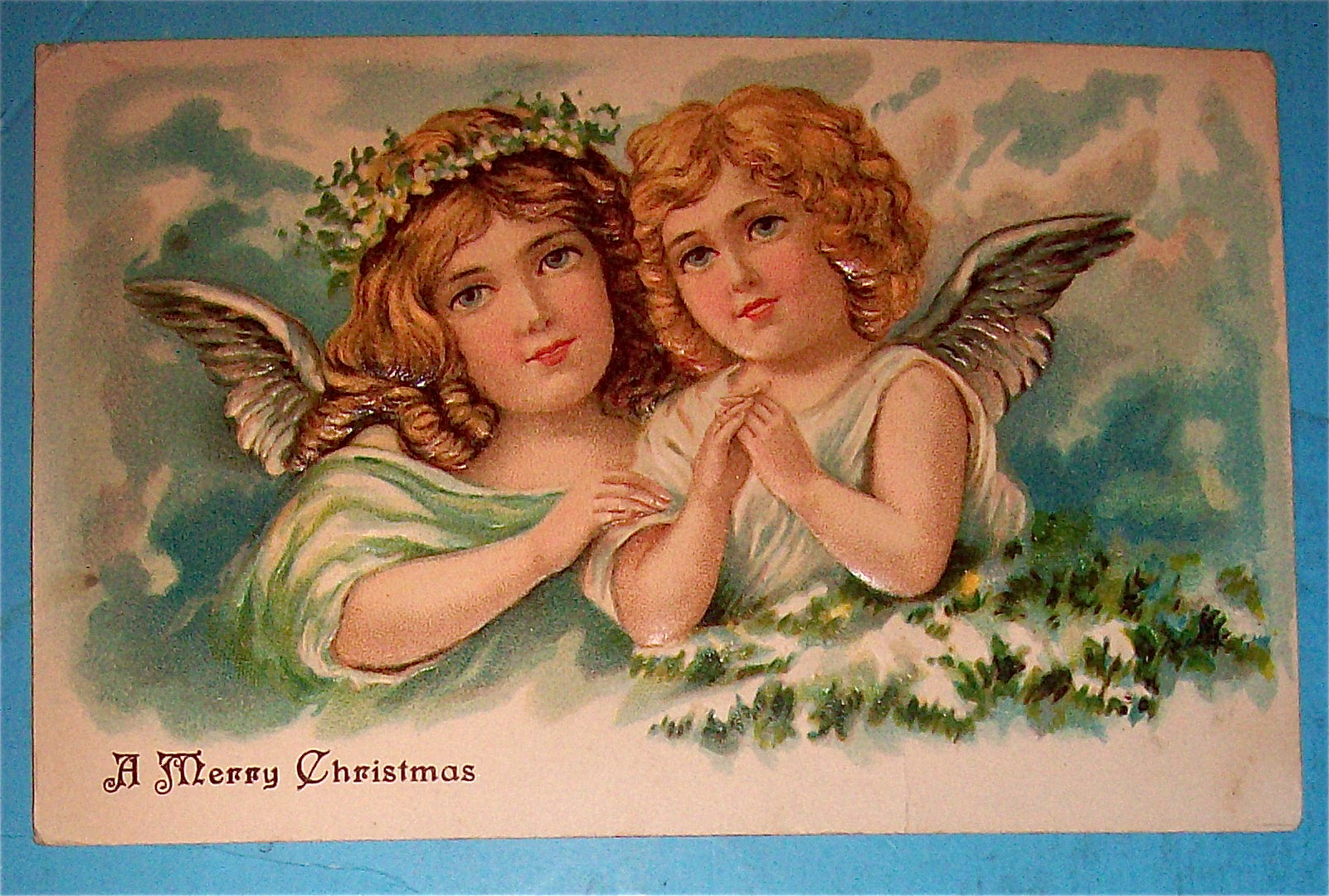 A Merry Christmas Postcard w/Two Angels (Embossed)