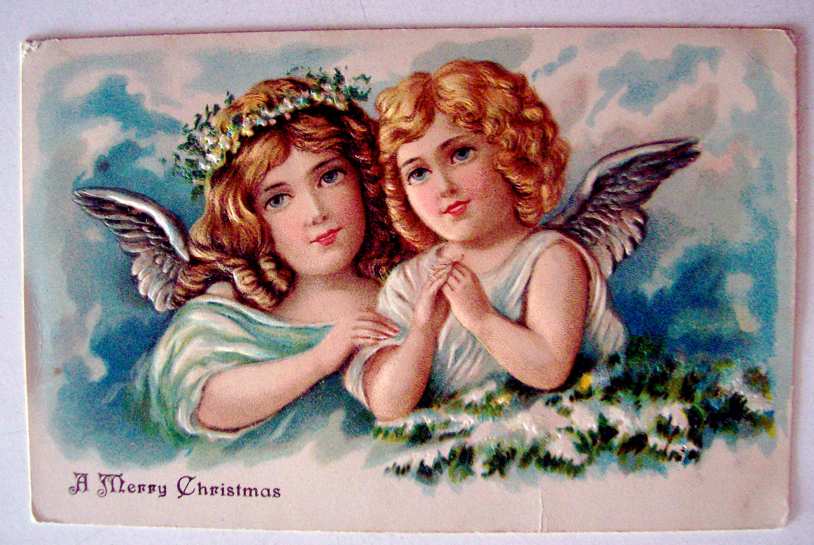 A Merry Christmas Postcard w/Two Angels (Embossed)