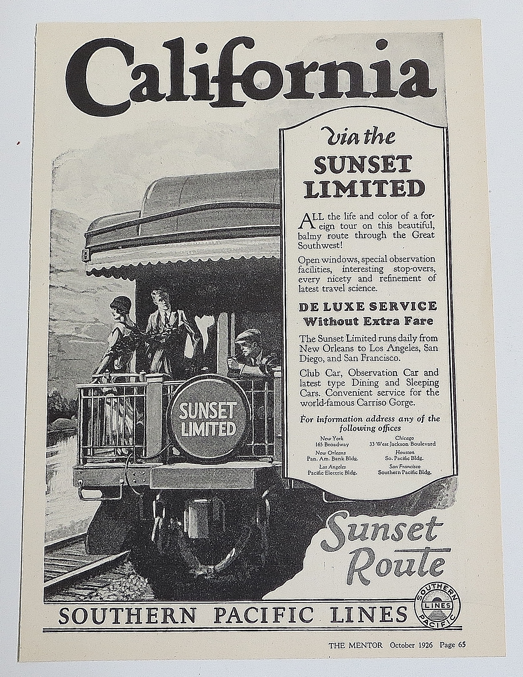 1926 Southern Pacific Lines With Sunset Route