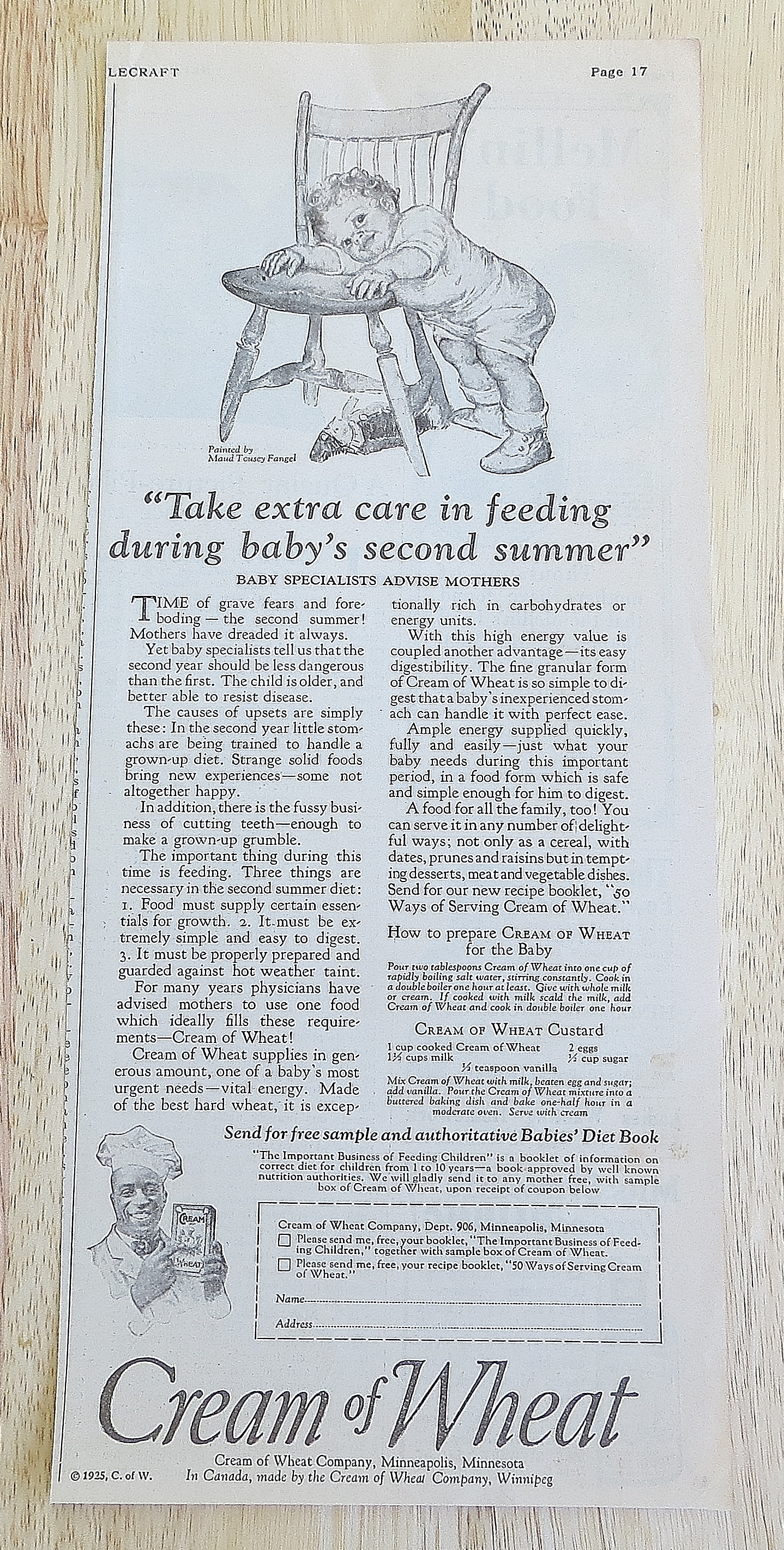 1925 Cream Of Wheat With Child Laying Head On Chair