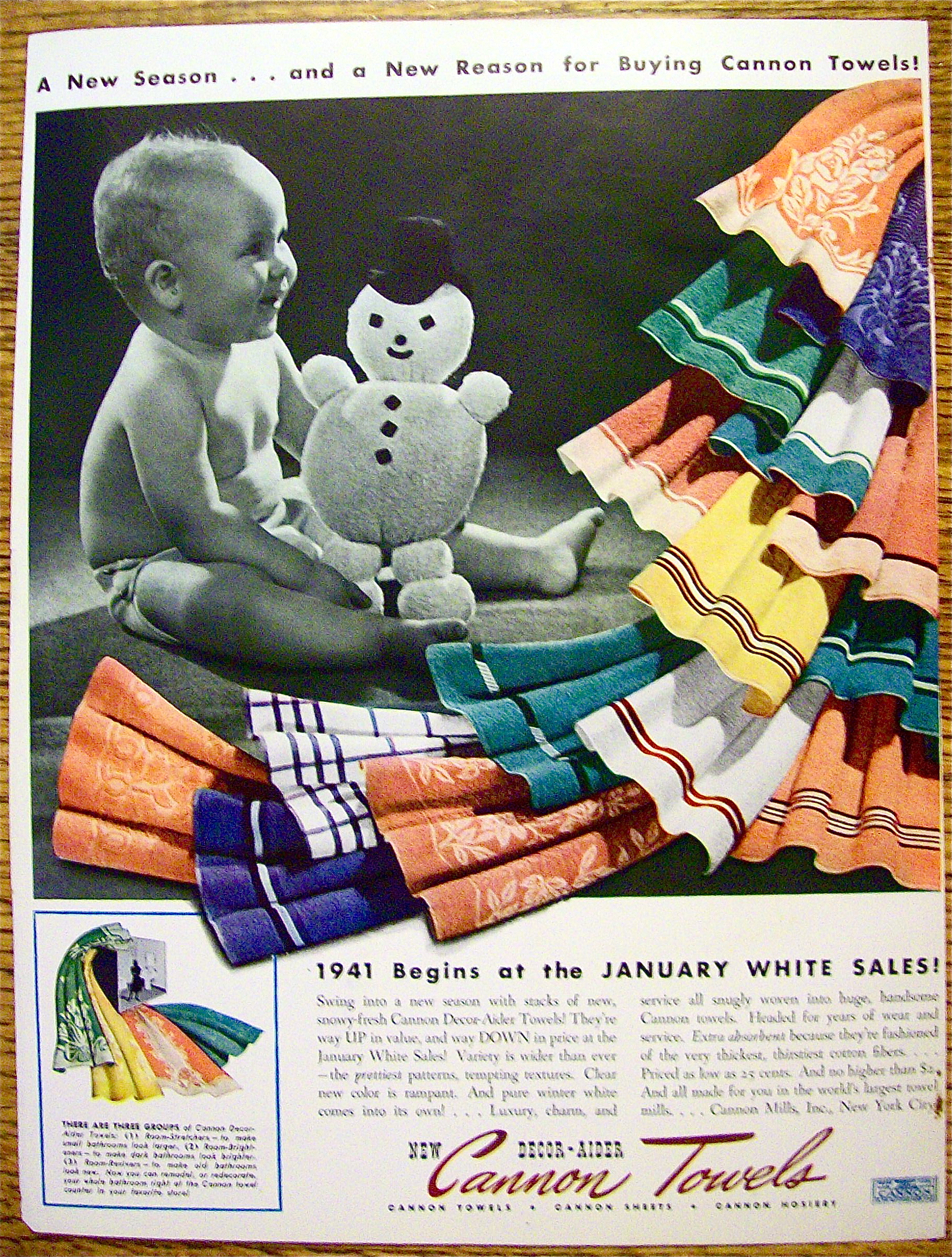 1941 Cannon Towels with Baby Holding Snowman Doll