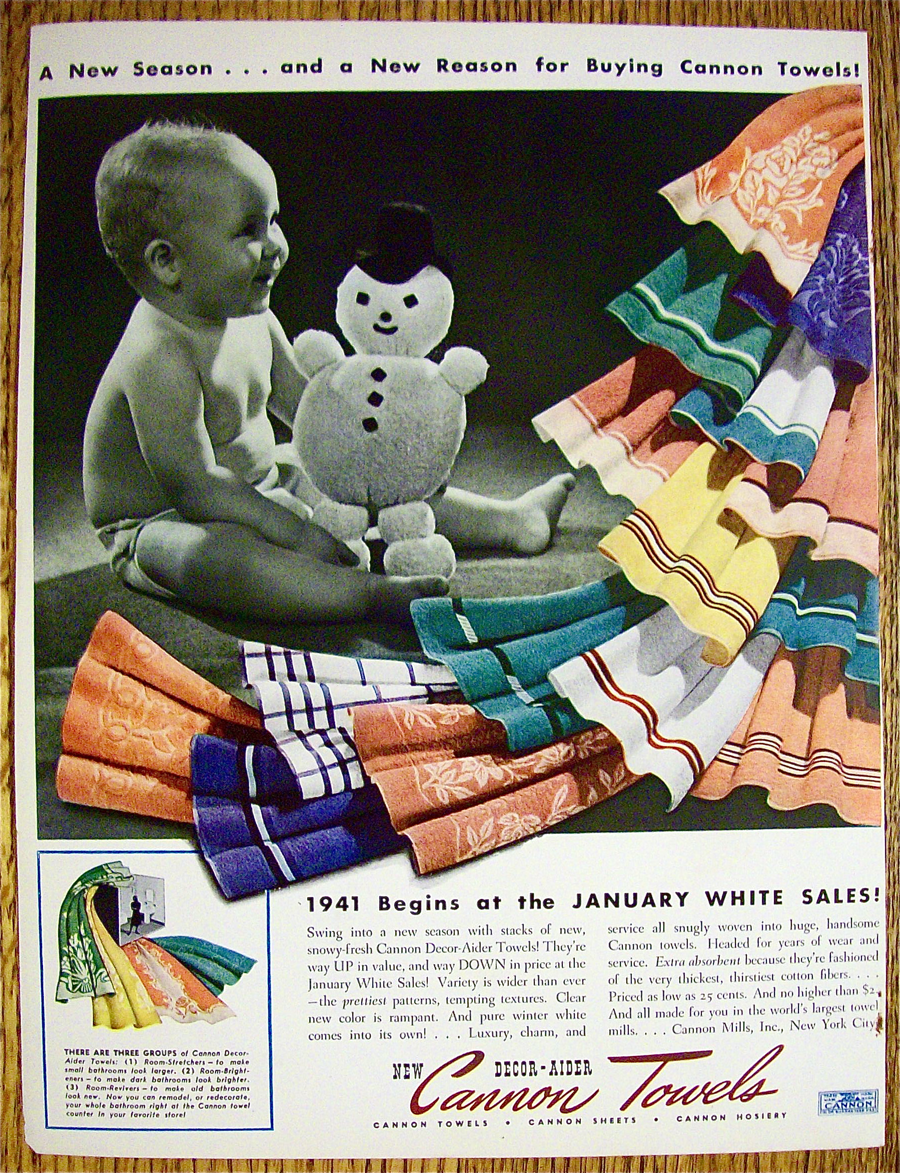 1941 Cannon Towels with Baby Holding Snowman Doll