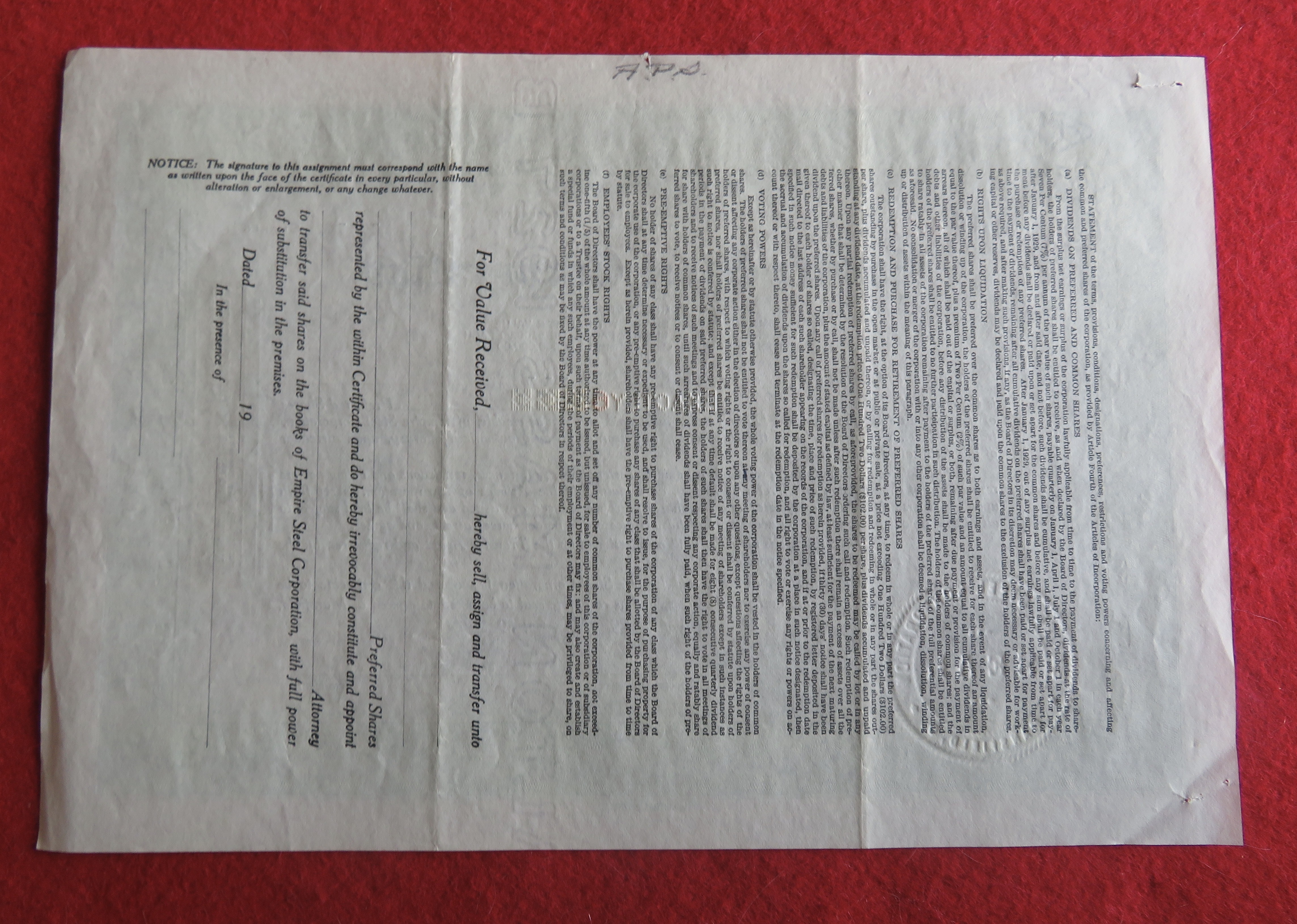 1930 Empire Steel Corporation Stock Certificate