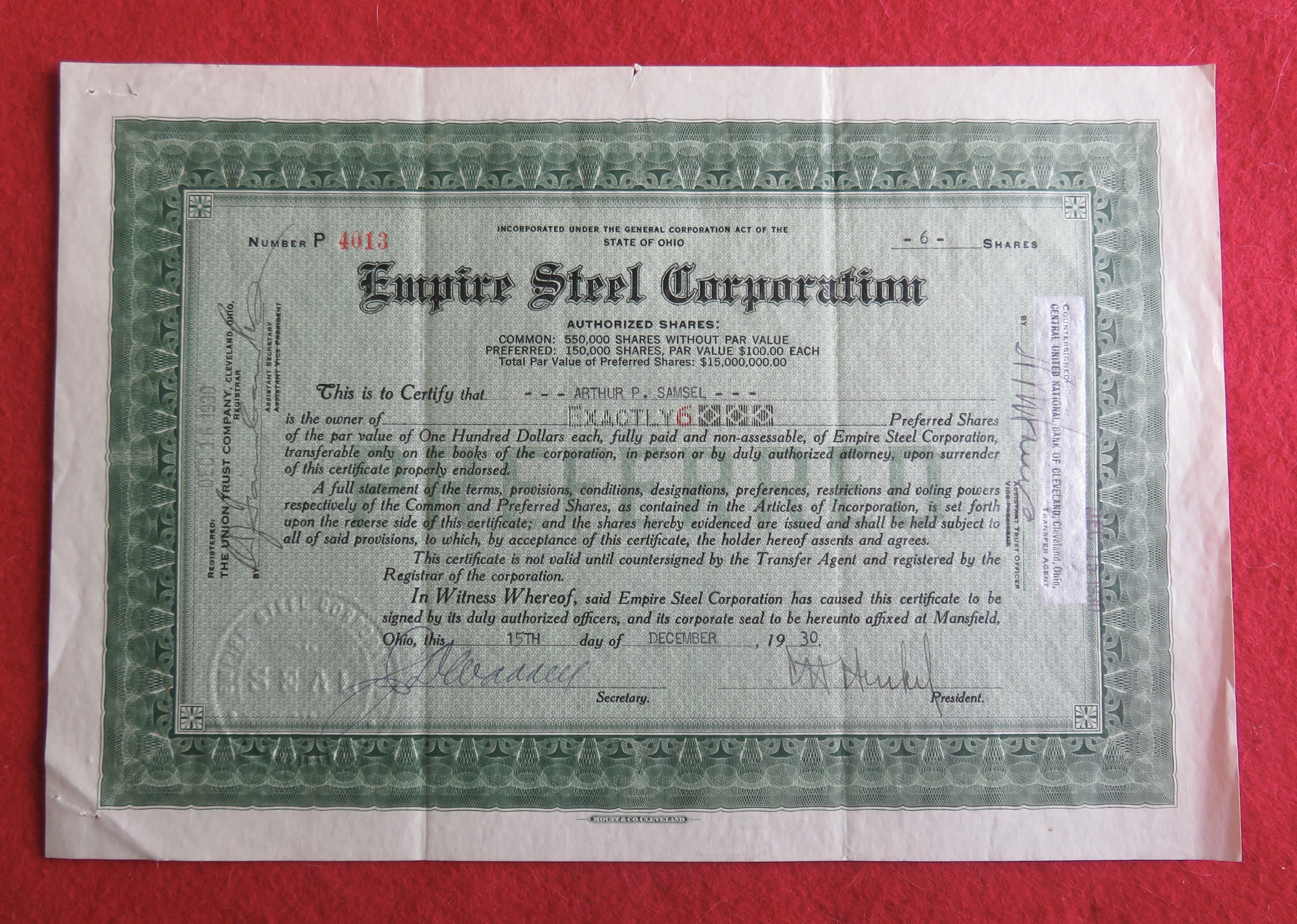 1930 Empire Steel Corporation Stock Certificate
