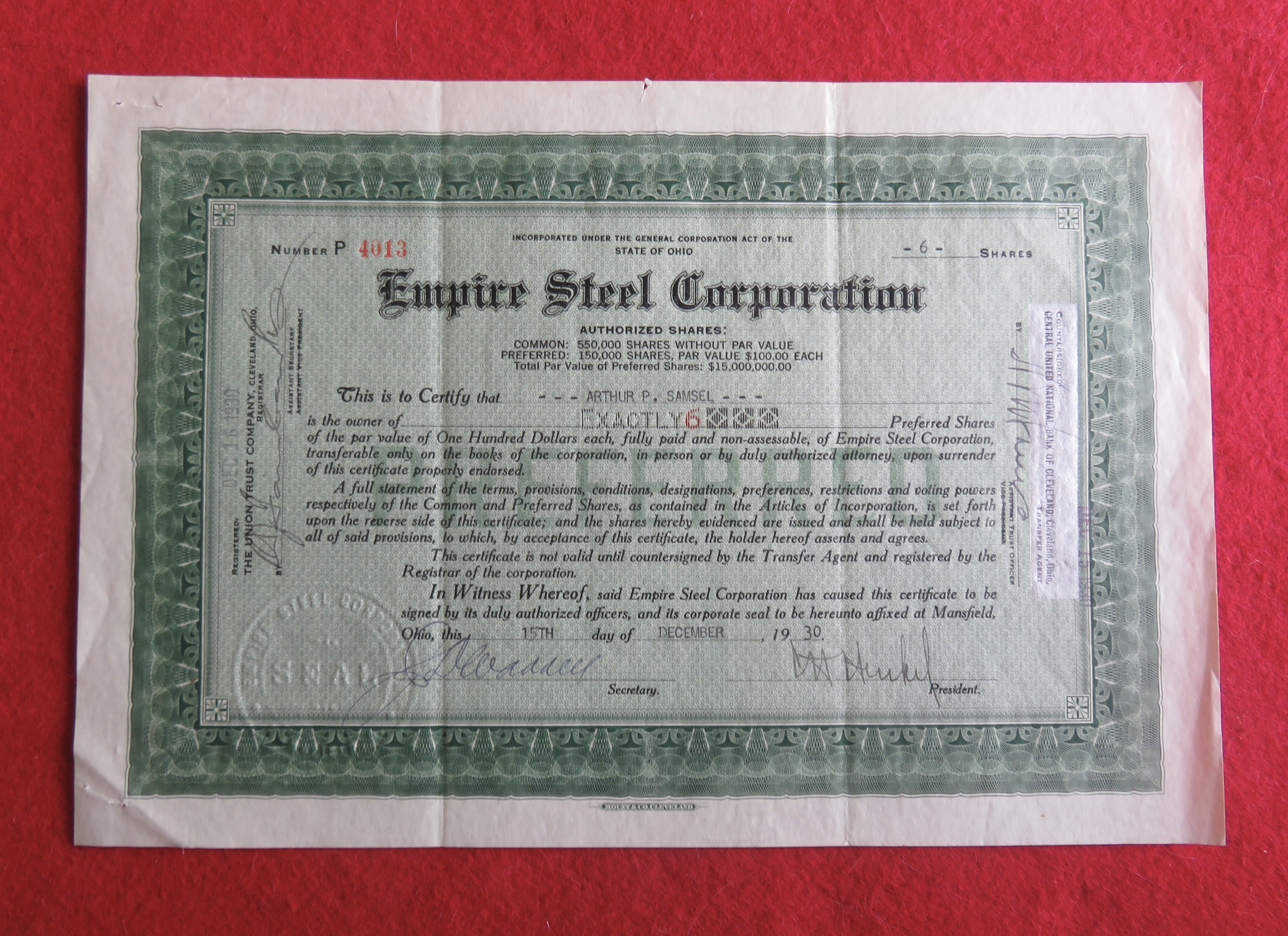 1930 Empire Steel Corporation Stock Certificate