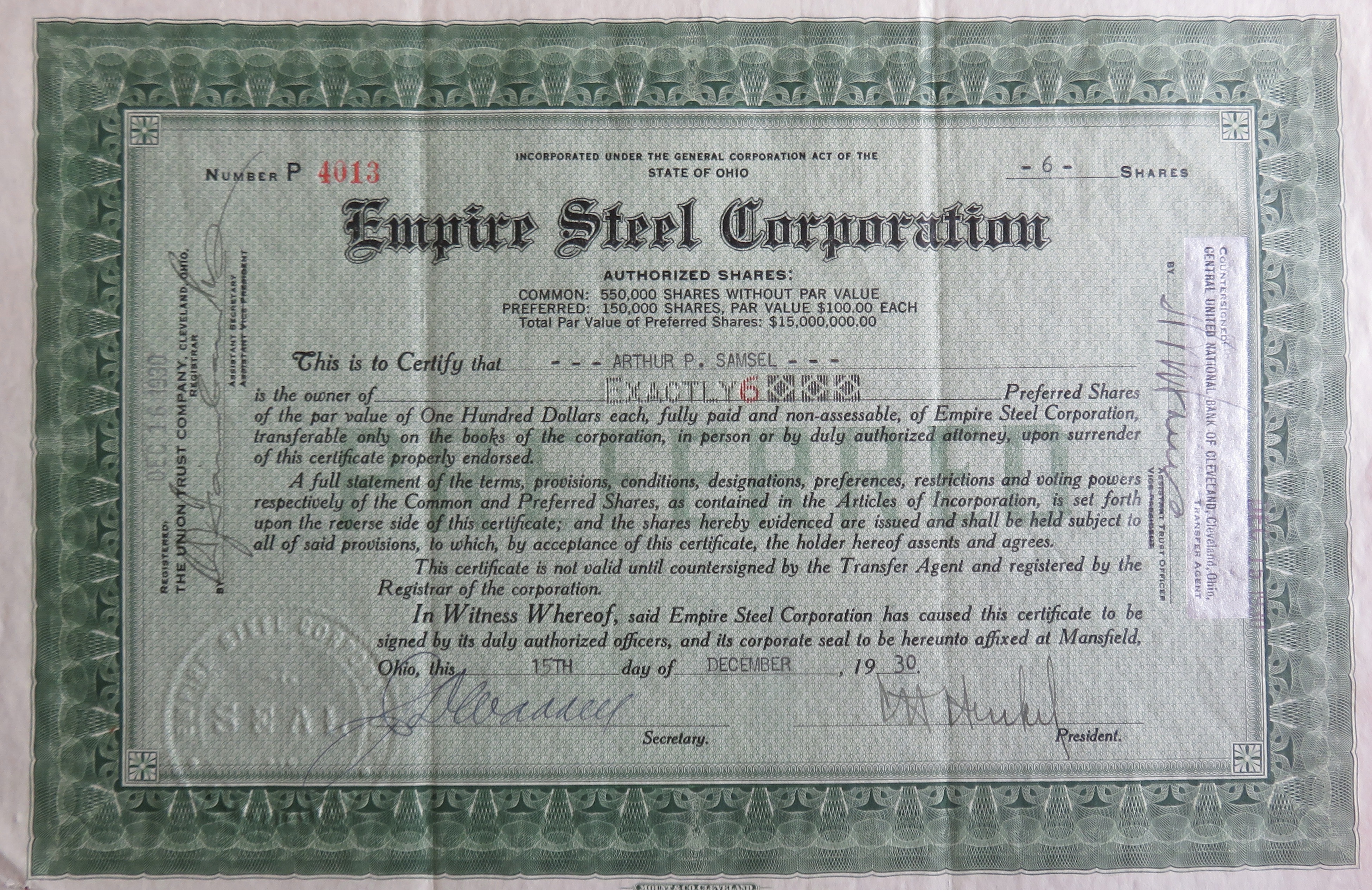 1930 Empire Steel Corporation Stock Certificate