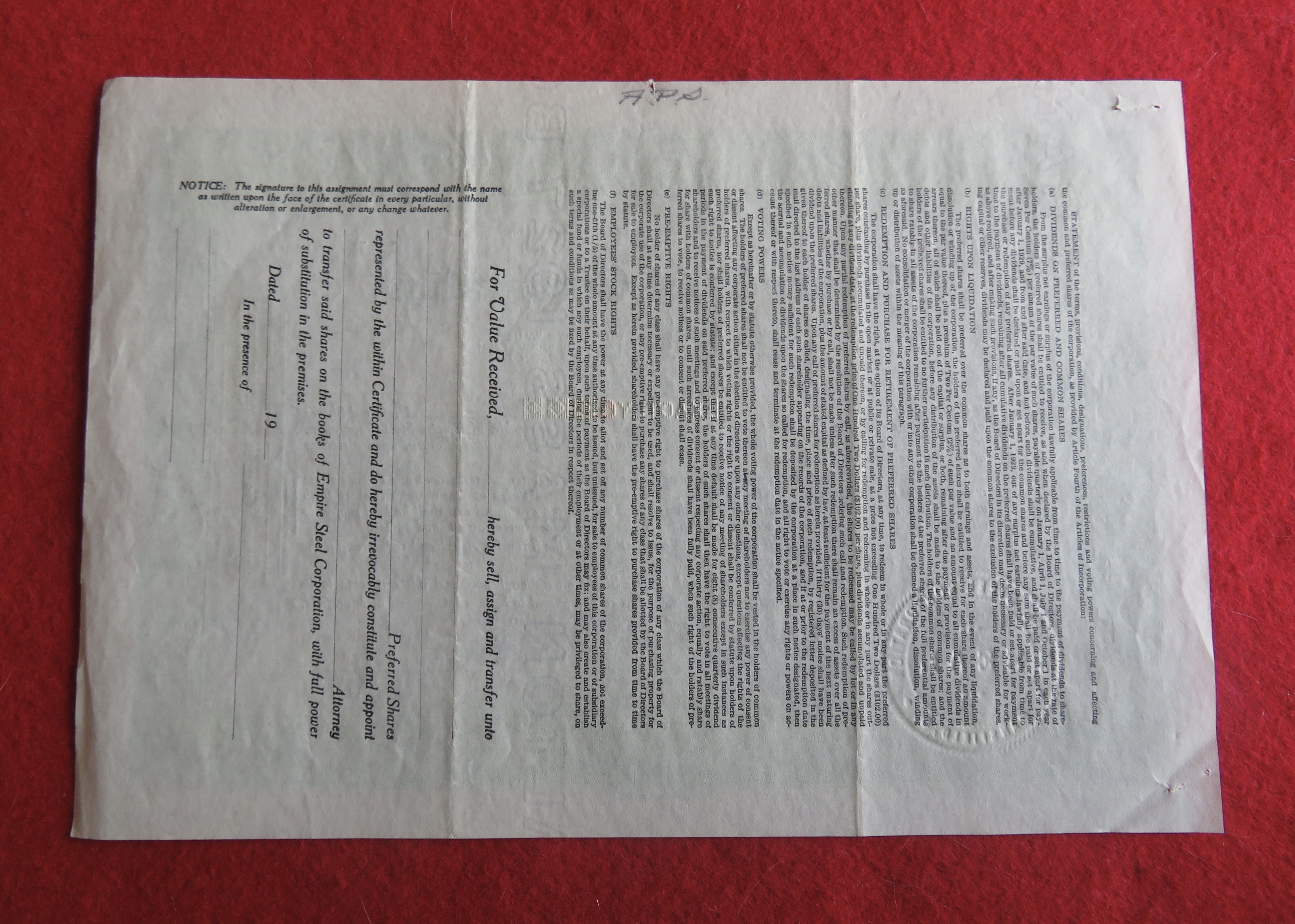 1930 Empire Steel Corporation Stock Certificate