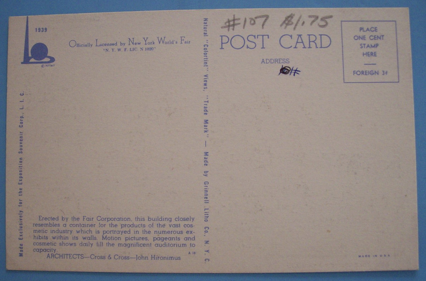 Cosmetics Building Postcard-1939 New York World's Fair
