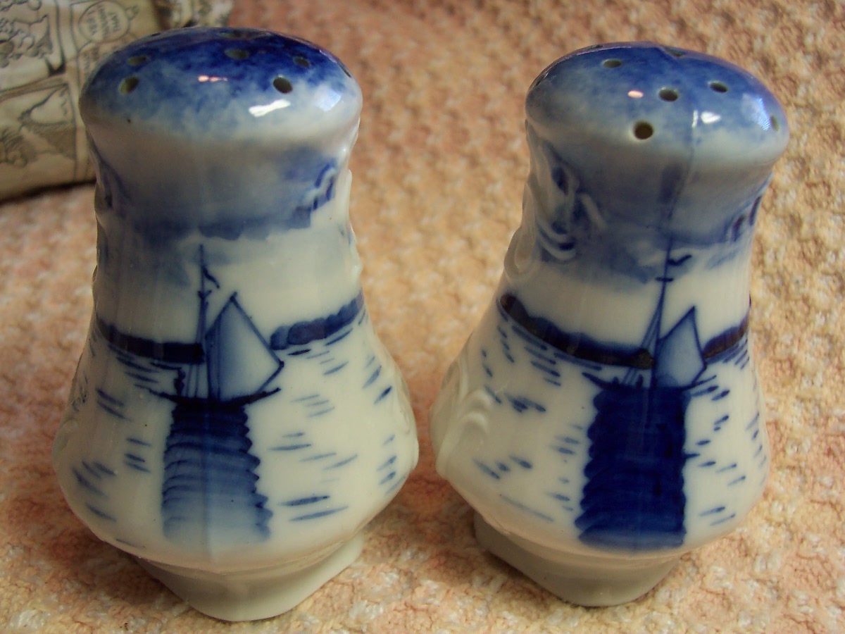 Salt and Pepper Shakers Blue and White Boat
