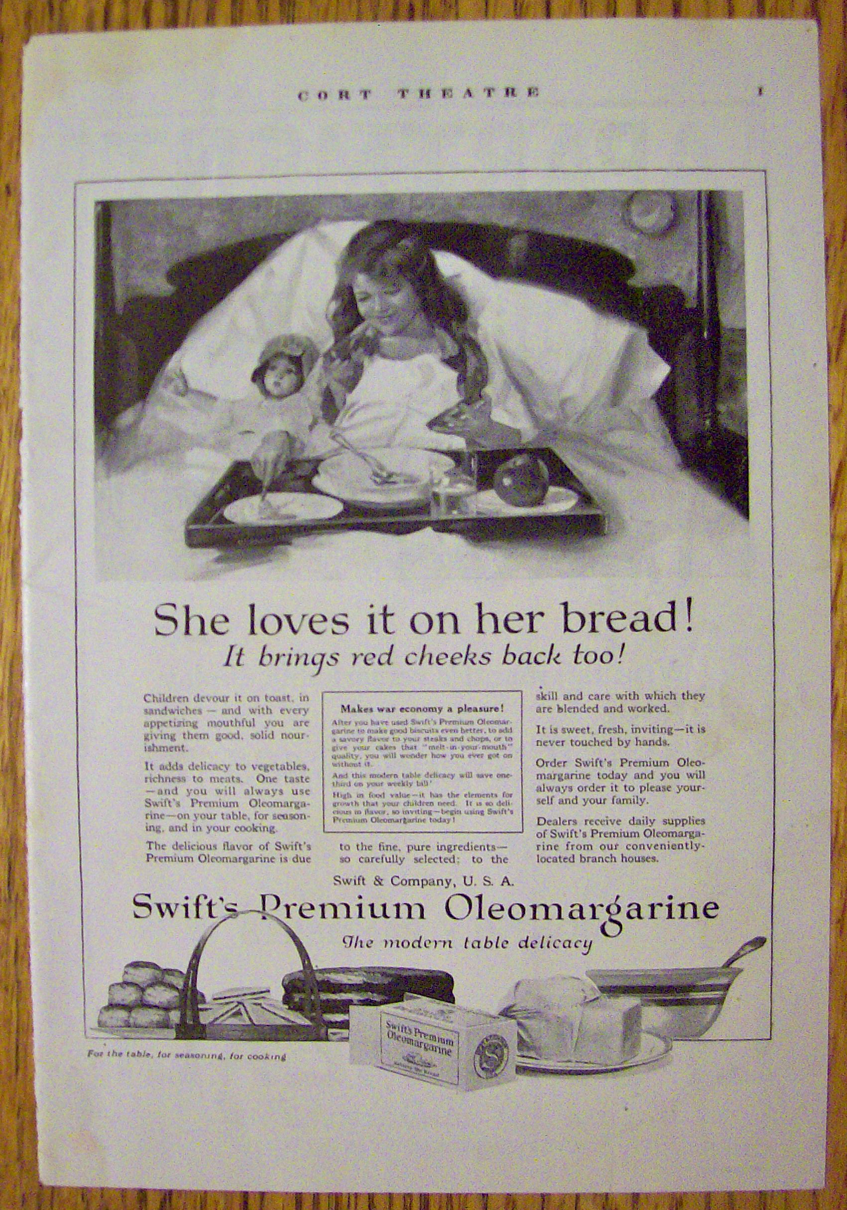 1918 Swift's Premium Oleomargarine with Girl In Bed