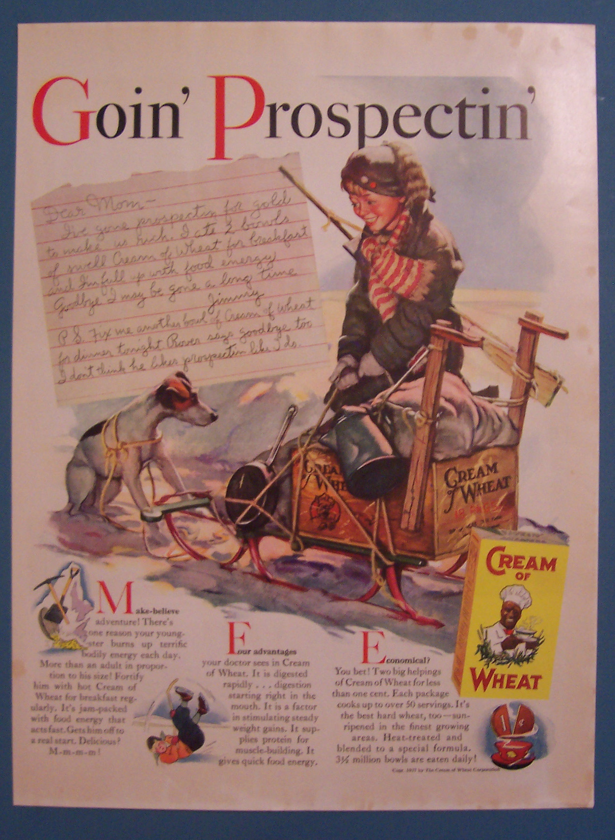 1938 Cream Of Wheat Cereal with Child with Loaded Sled