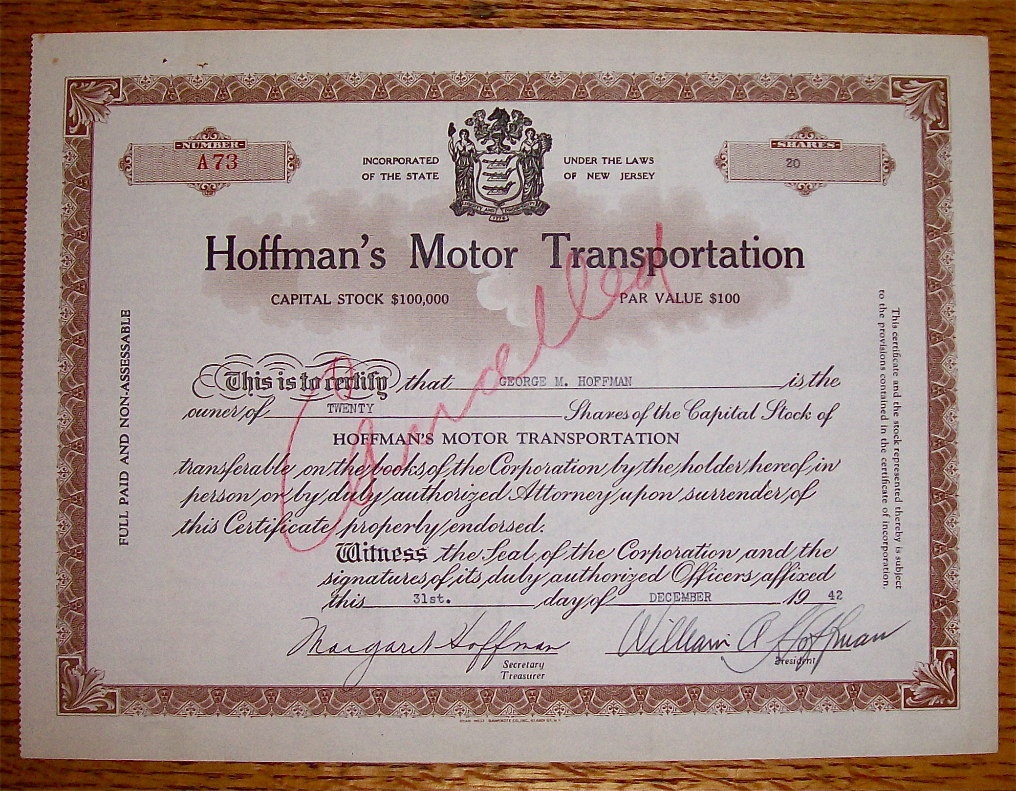 1942 Hoffman's Motor Transportation Stock Certificate