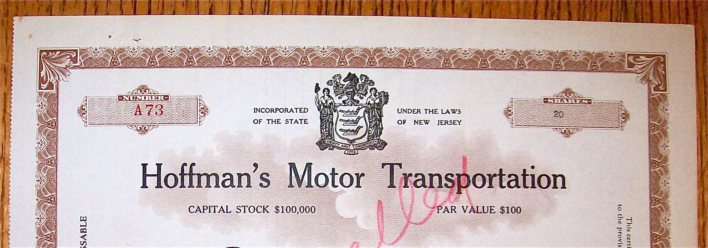 1942 Hoffman's Motor Transportation Stock Certificate