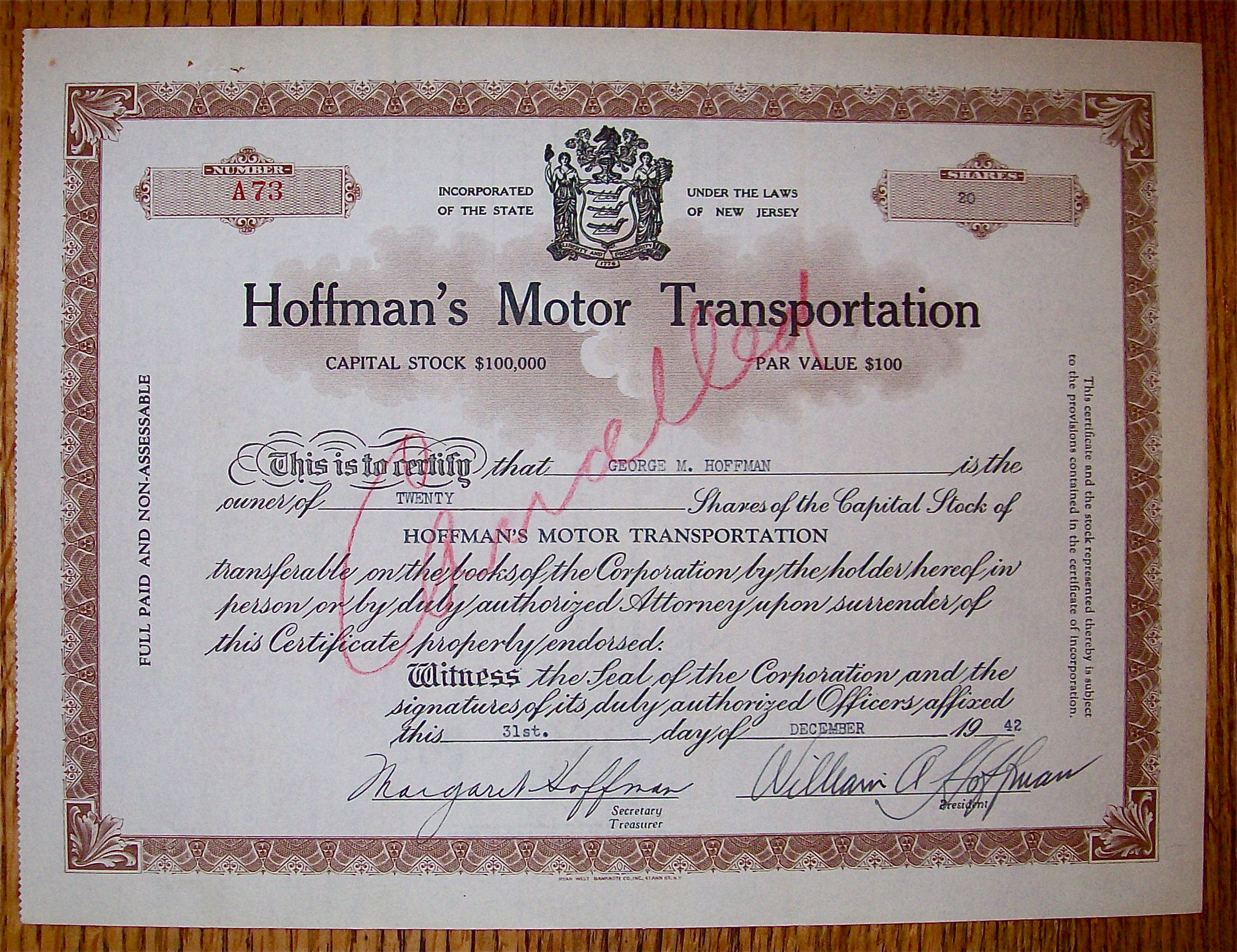 1942 Hoffman's Motor Transportation Stock Certificate