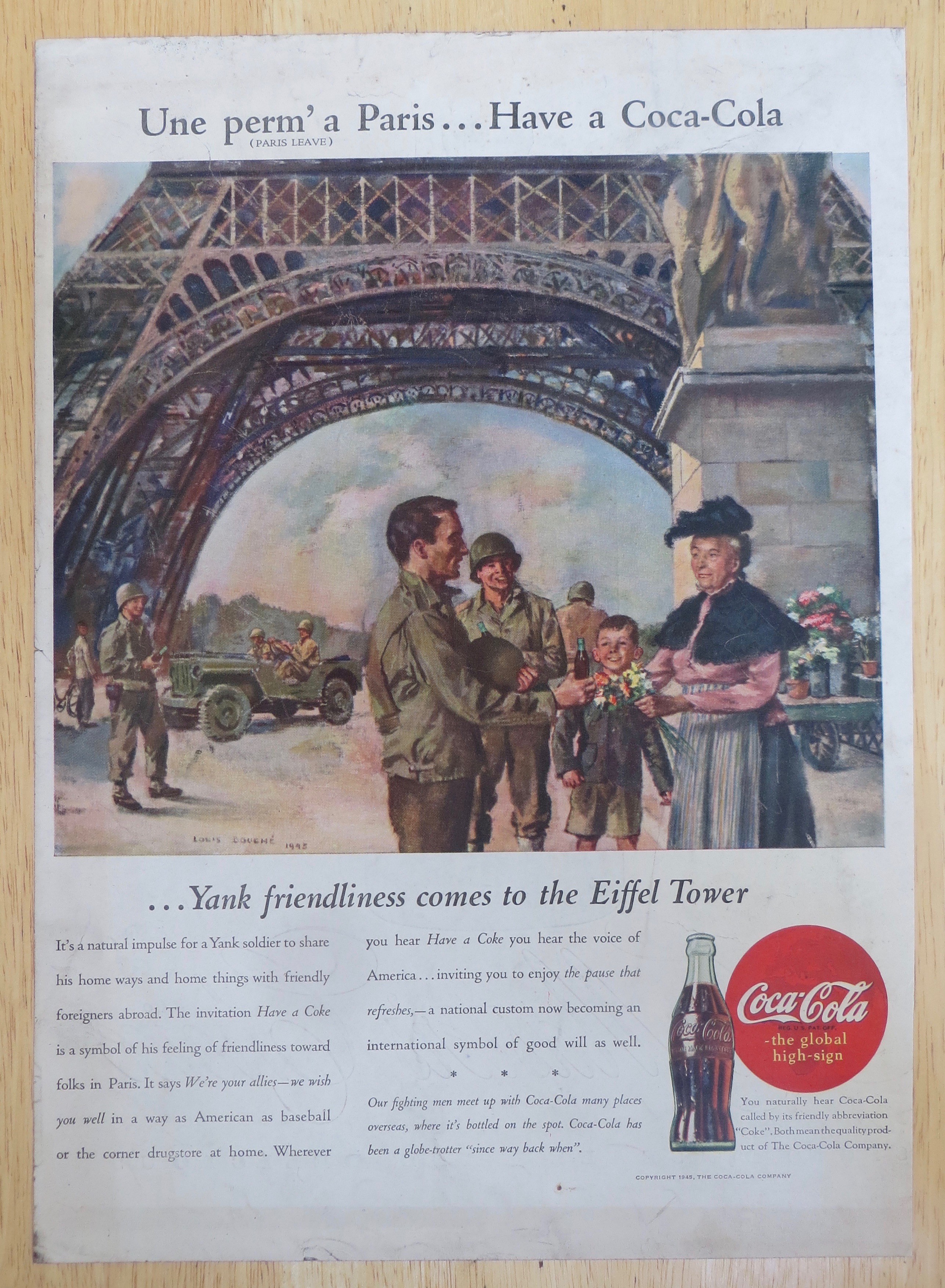 1945 Coca Cola (Coke) with Soldiers by the Eiffel Tower