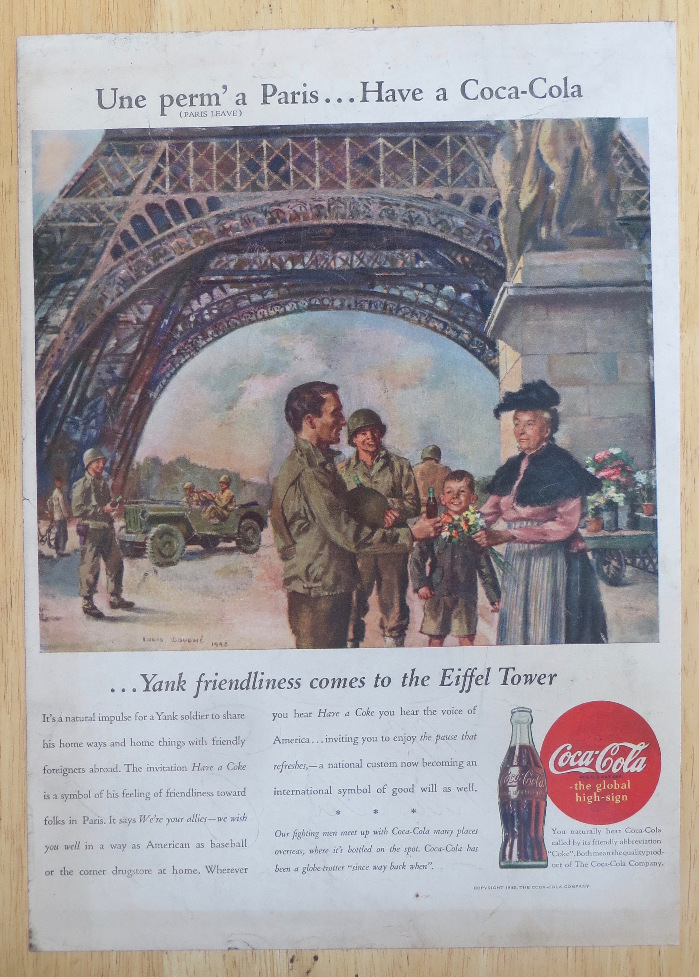 1945 Coca Cola (Coke) with Soldiers by the Eiffel Tower