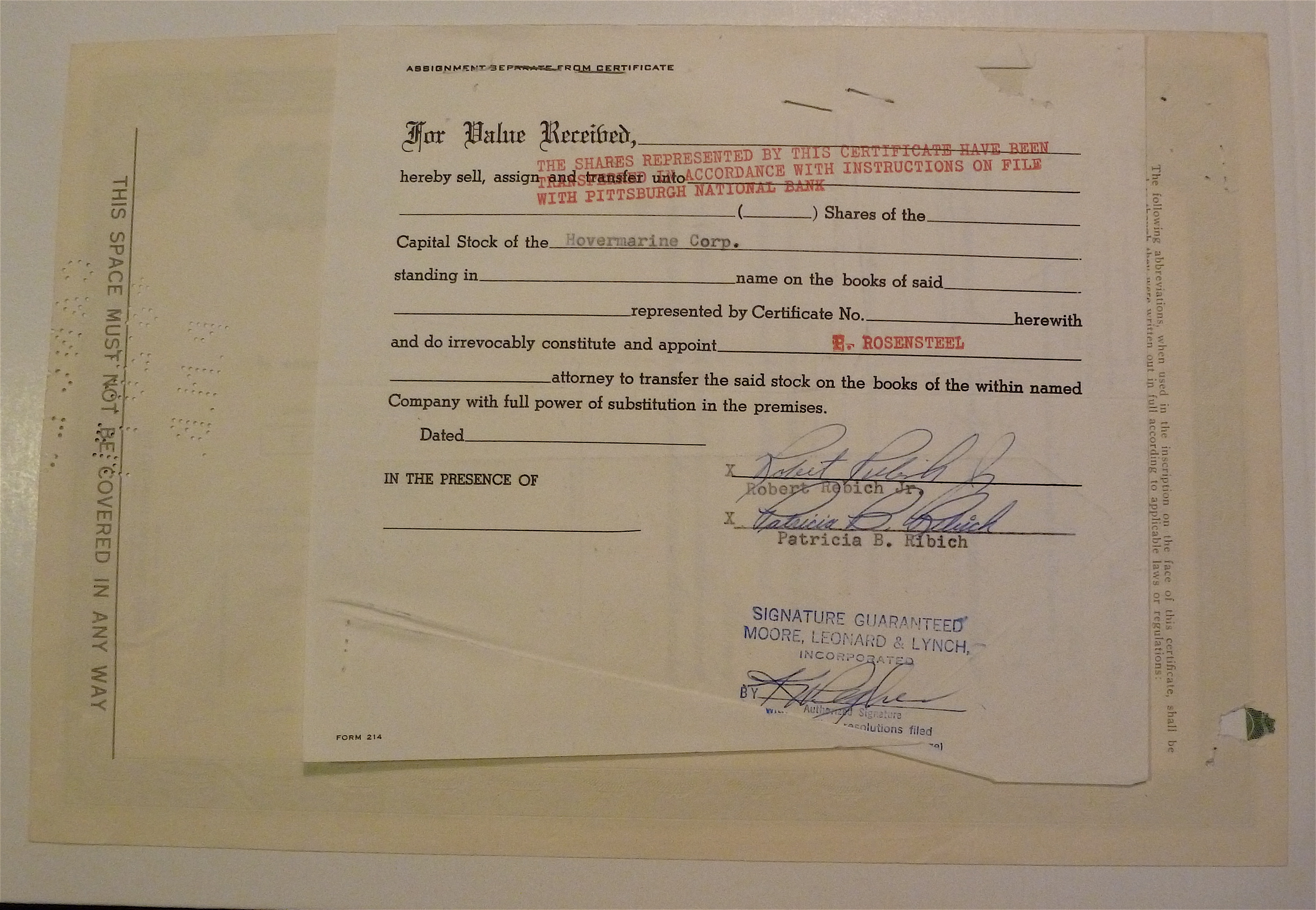 1974 Hovermarine Corporation Stock Certificate
