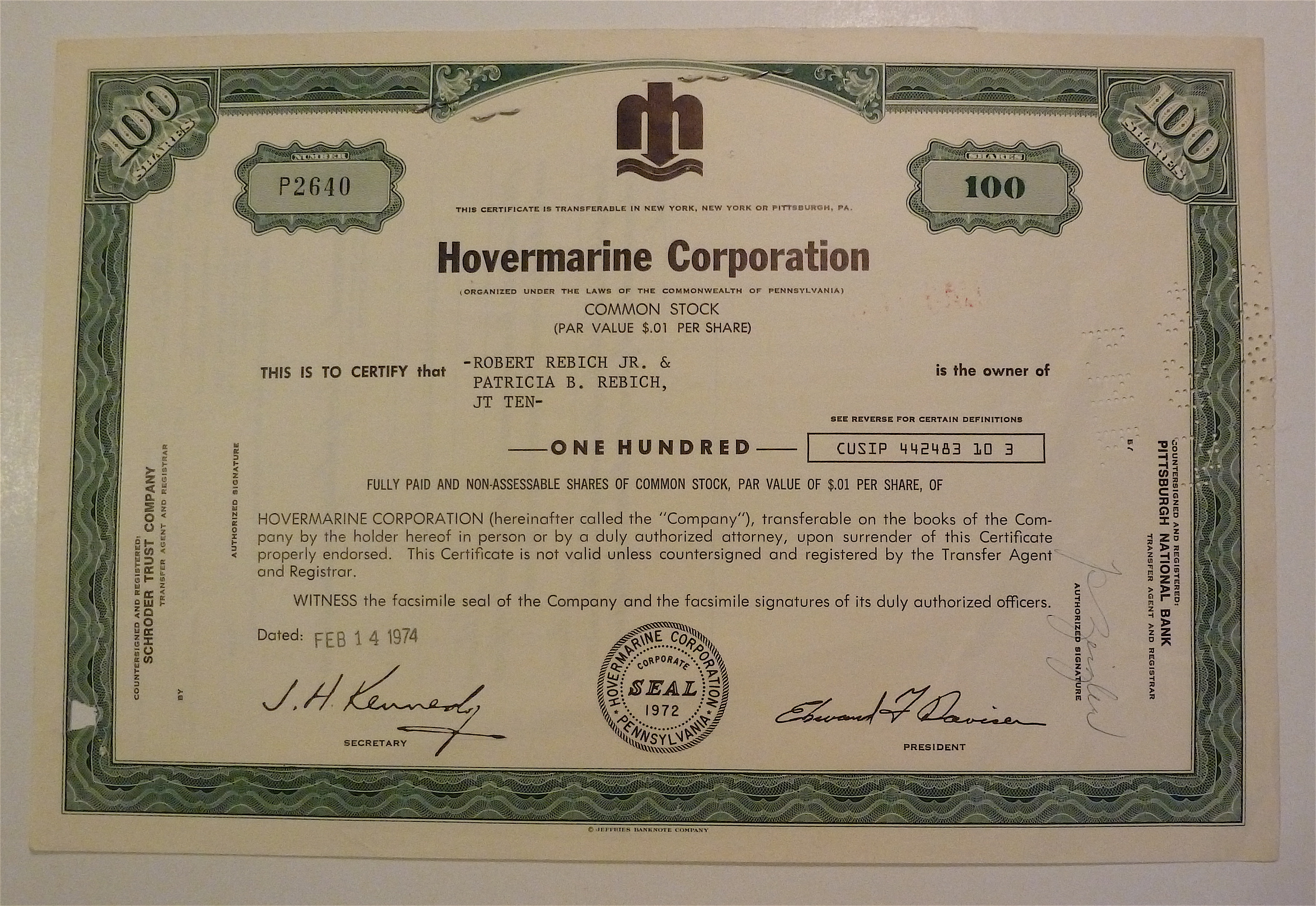 1974 Hovermarine Corporation Stock Certificate