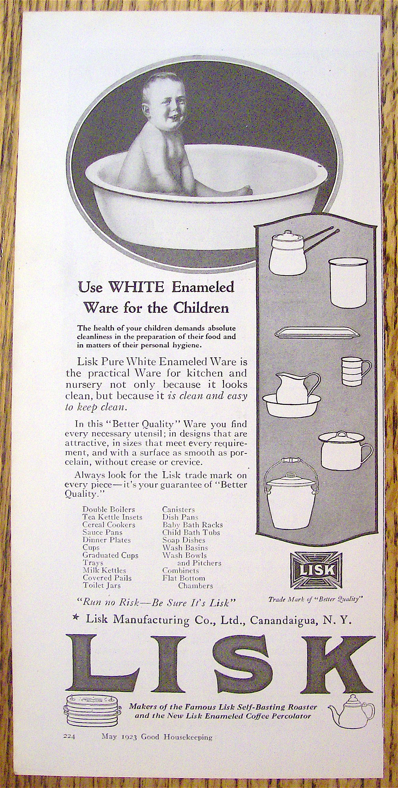 1923 Lisk Pure White Enamel Ware with Baby in Tub