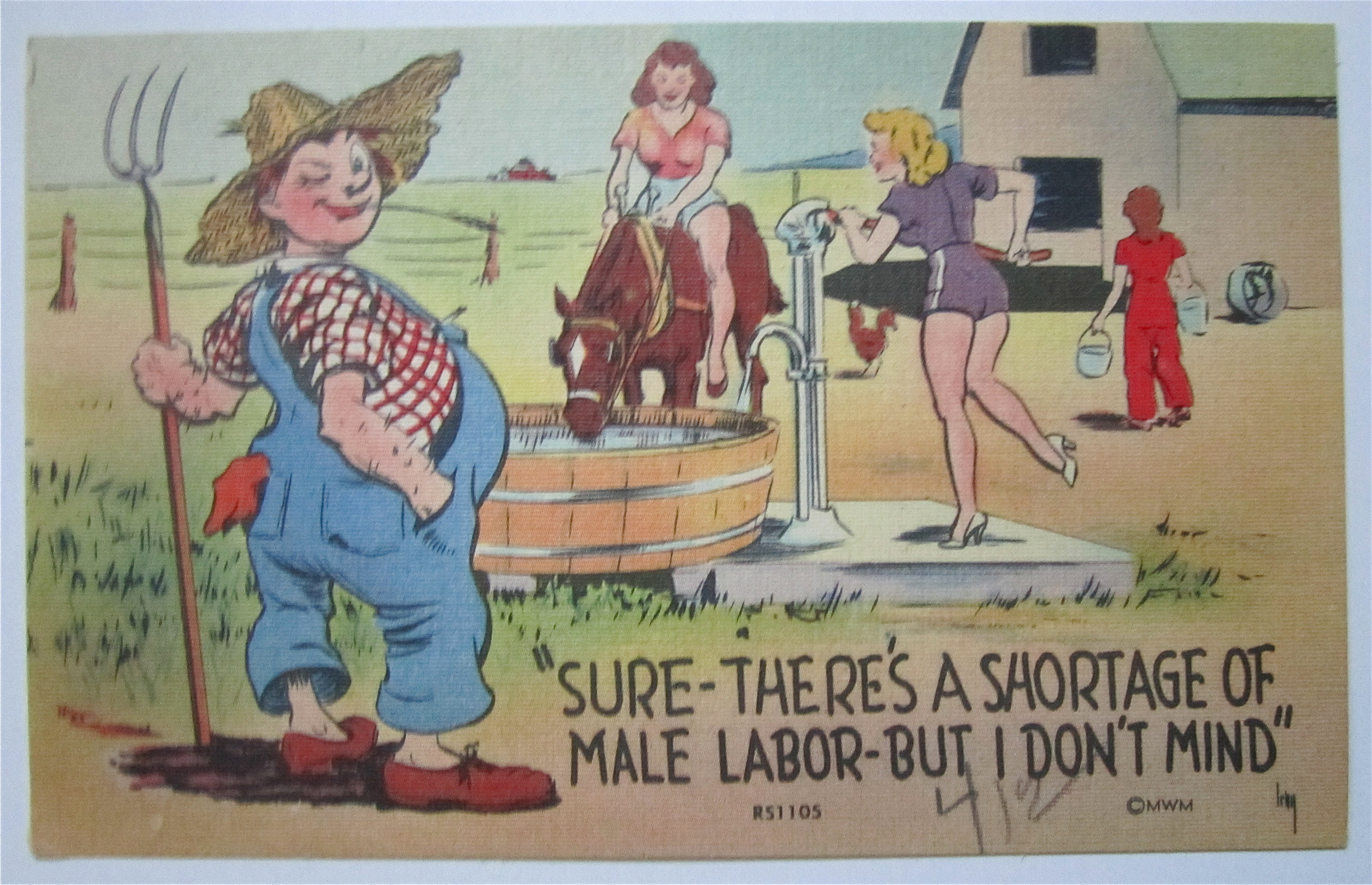 Man Watching Women Work Postcard