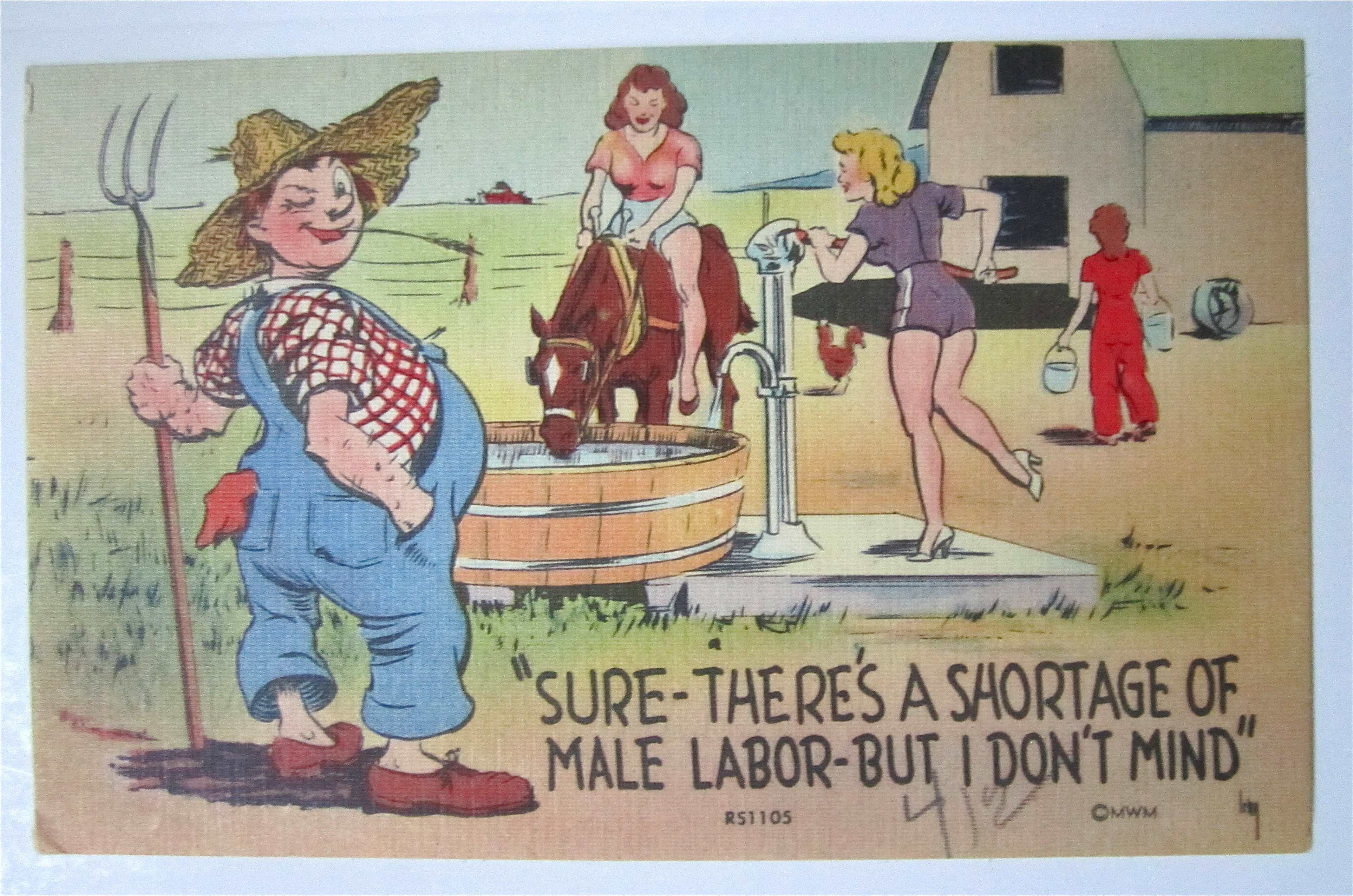 Man Watching Women Work Postcard