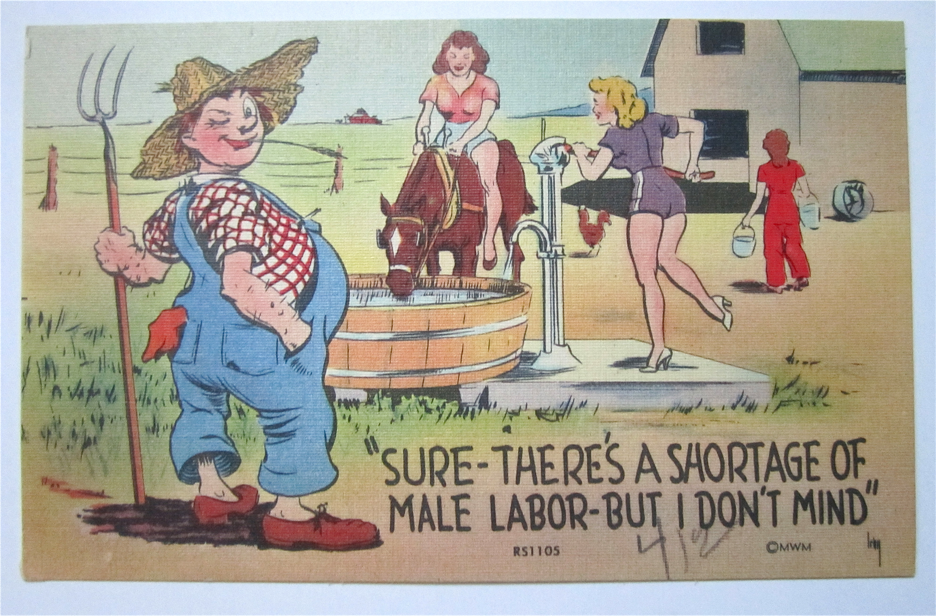 Man Watching Women Work Postcard